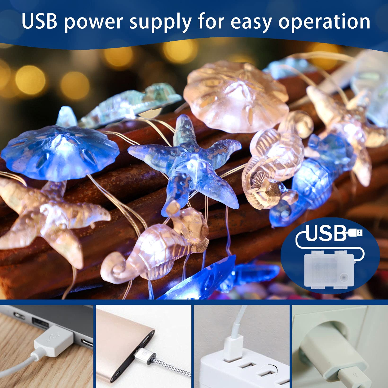 Impress Life Nautical Theme Decorative String Lights, Ocean Decor Under The Sea Sand Dollars Seahorse Beach Lights Battery&Usb P