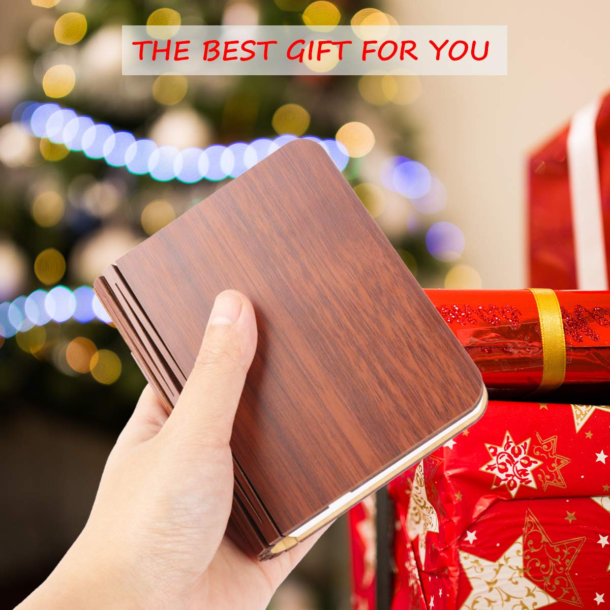 XIUDI Mini Folding Book Lamp, Portable Wooden Desk Light, USB Rechargeable, 3.9×3.1×1in, Mini Red Wood