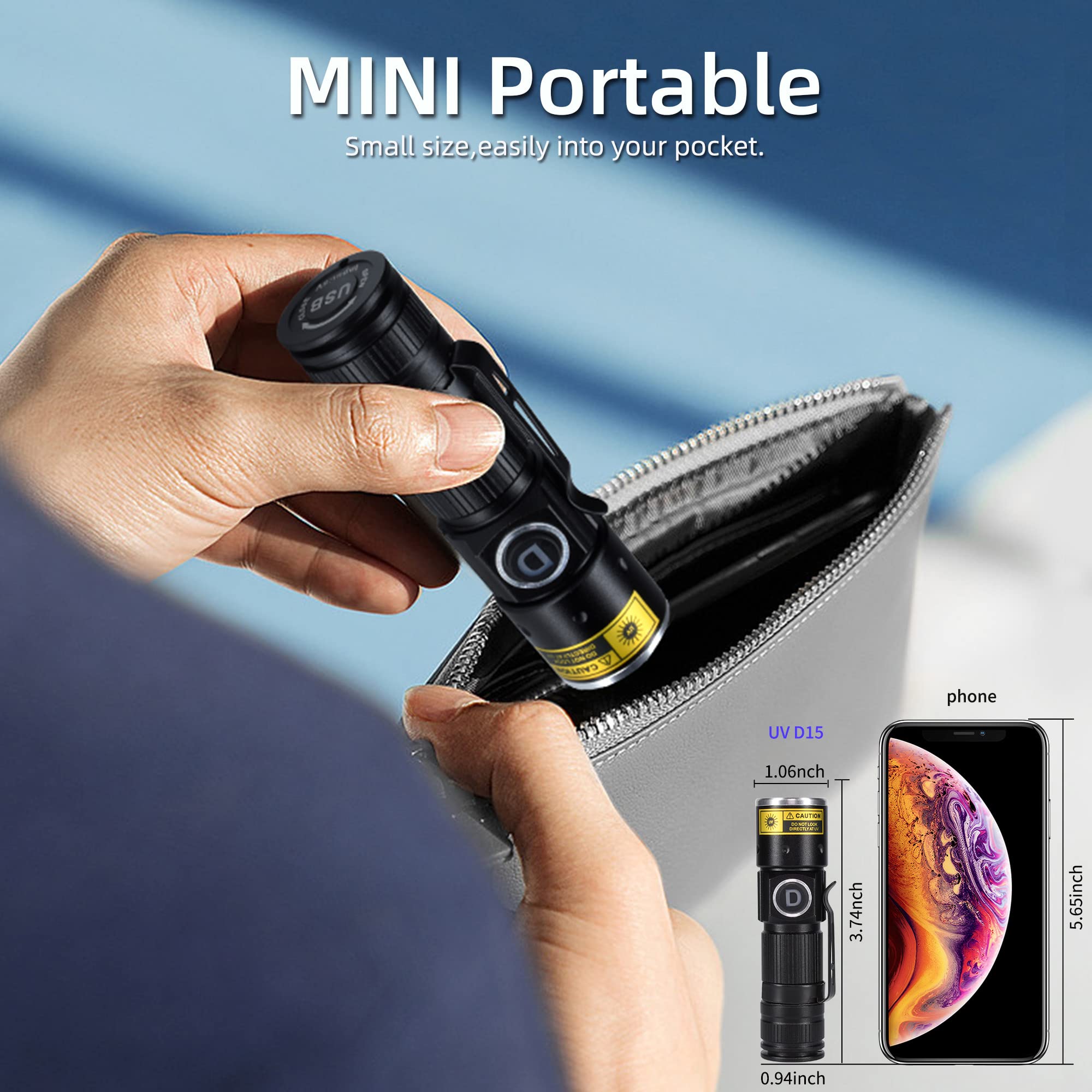 DARKDAWN UV 365nm Black Light Flashlight, USB Rechargeable, Portable Mini, Aluminum, D15 Model, Ideal for Stain Detection, 1-Pack