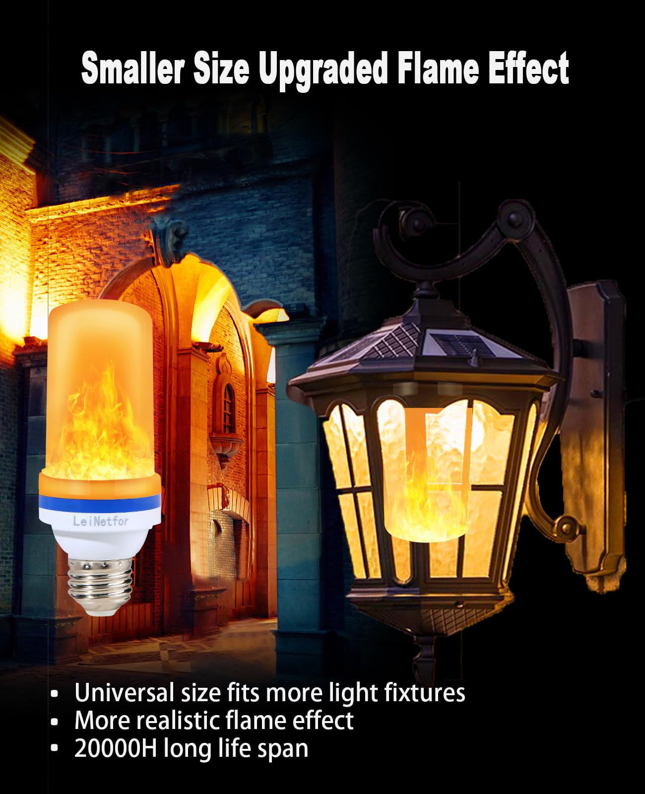 LeiNetfor LED Flame Light Bulbs, 4 Modes E26 Fire Effect, Yellow 2-Pack, Halloween Outdoor Decor, Model LN-LED-Y0001