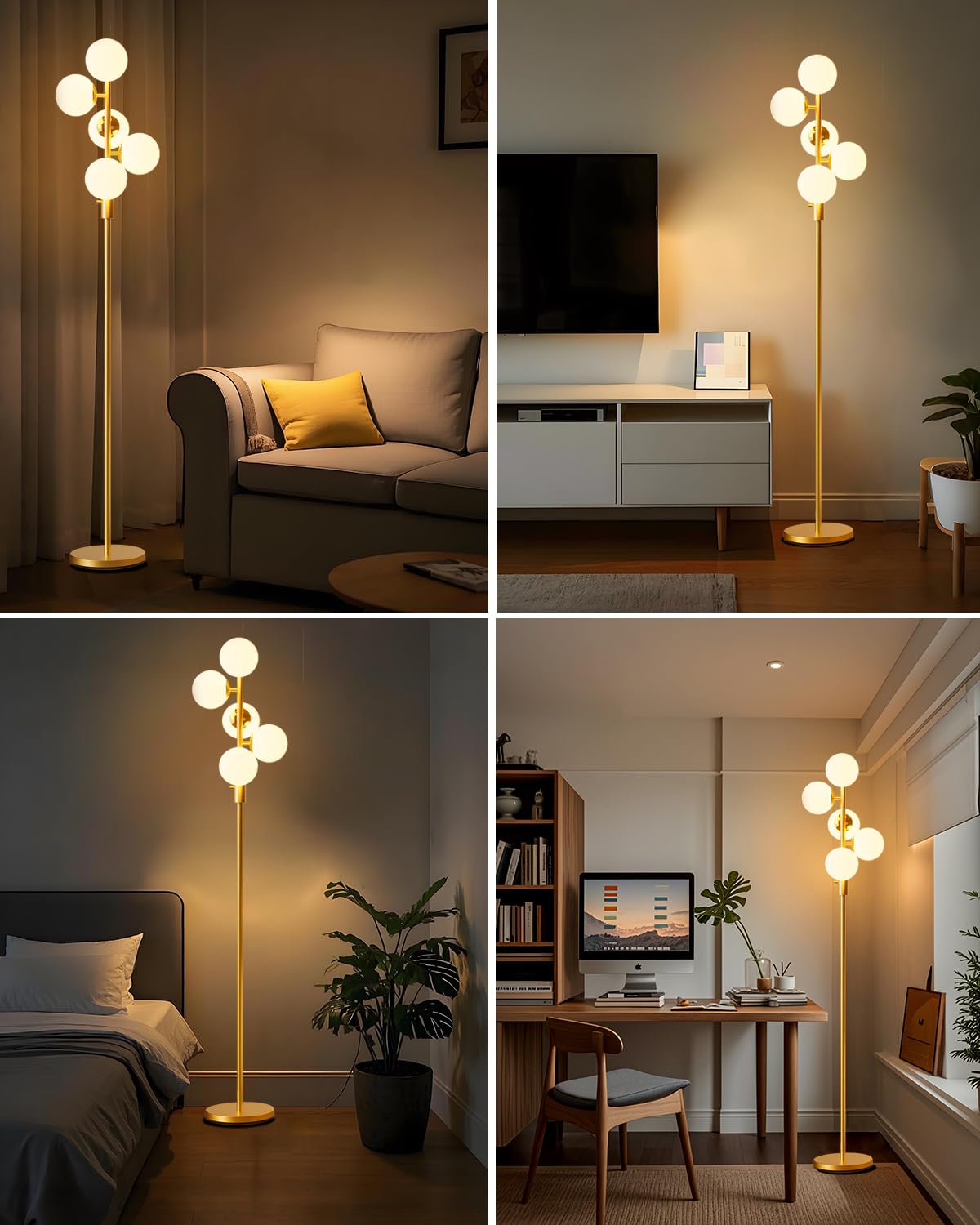 Lightdot Dimmable Globe Floor Lamp Mid Century Modern Floor Lamp With 5Pcs 3000K G9 Bulbs Stepless Brightness Adjustable Gold St