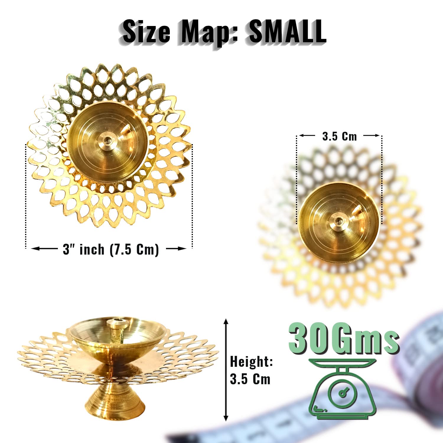 Lamina Decorative Brass Diya for Puja (Set of 2 Small 3inch Golden Round Net) Center Wick Holder Pital Akhand Deep Vilakku for H