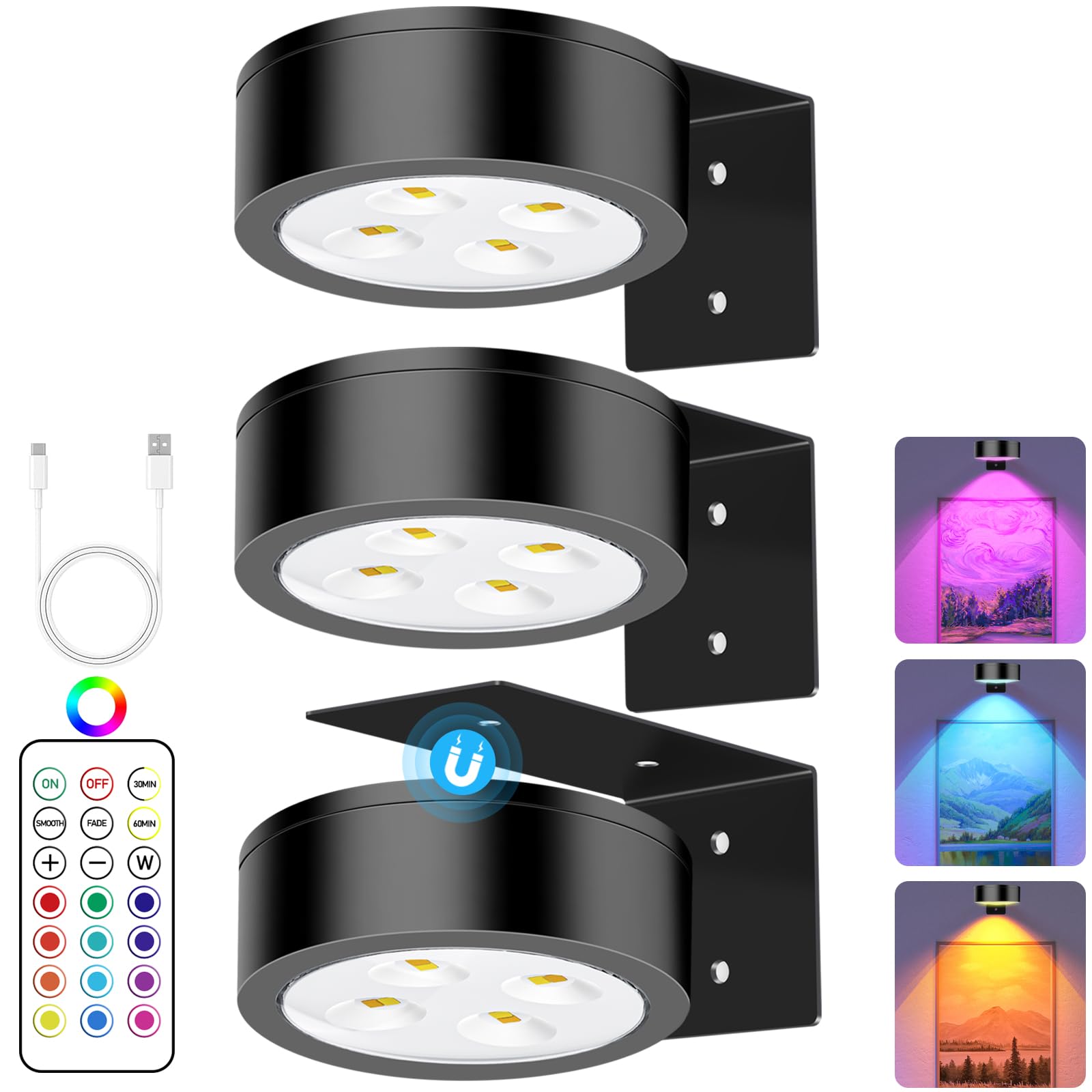 SIXDEFLY 13 RGB Color Changing Led Art Display Light for Picture Frame Rechargeable Battery Operated Led Discomfortting Light with Remote Control Dimmable & Timer 3Pack Black