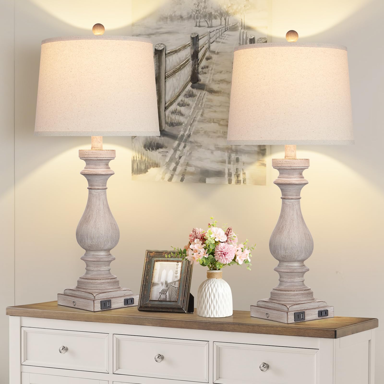 Cinkeda 29" Vintage Table Lamp Set of 2, Gray Resin with USB Ports & AC Outlet, 3-Way Dimmable Touch Control, Model TD-CK-207