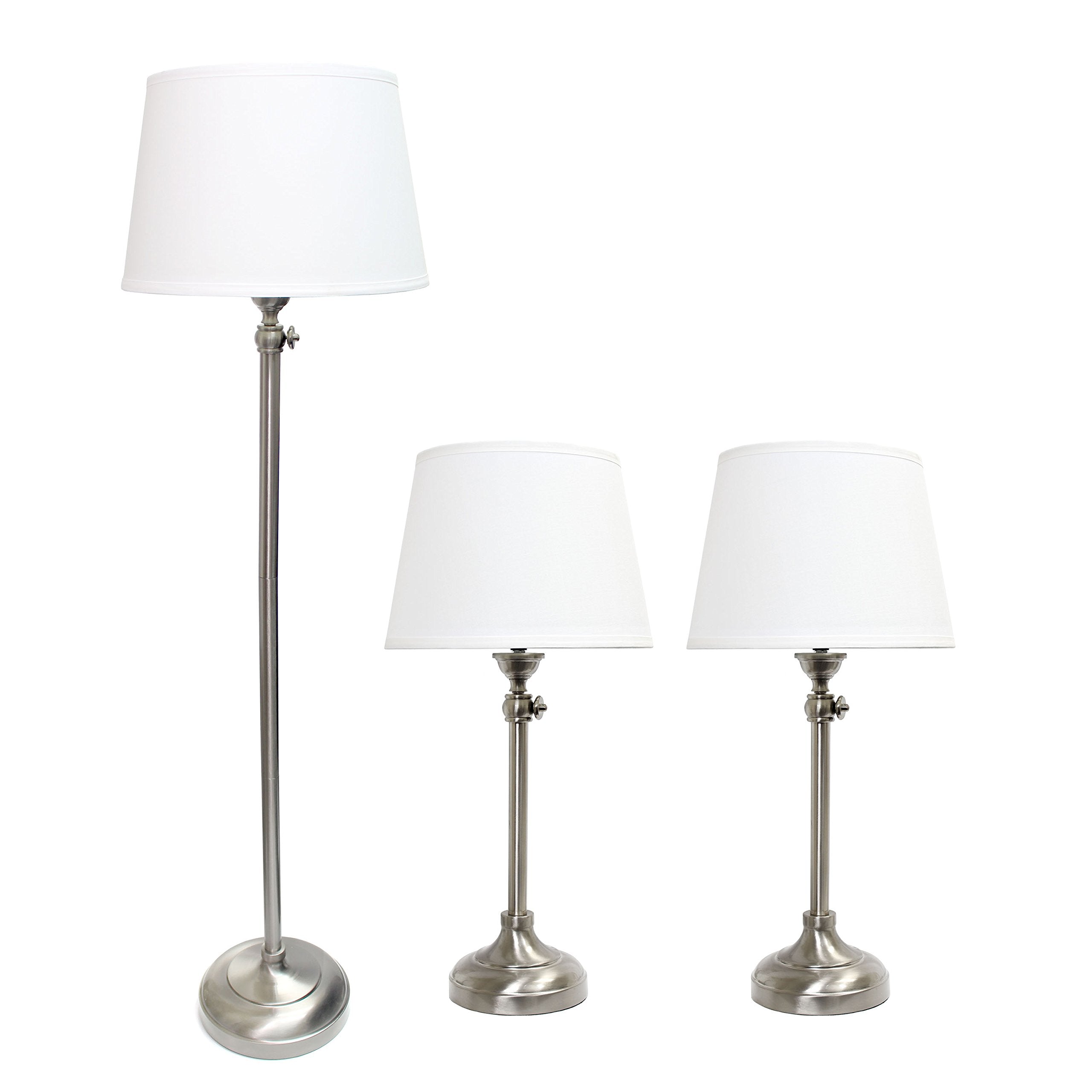 Elegant Designs Lc1017-Bsn Brushed Nickel Adjustable 3 Pack Lamp Set With White Fabric Shades, 1 Floor Lamp And 2 Table Lamps