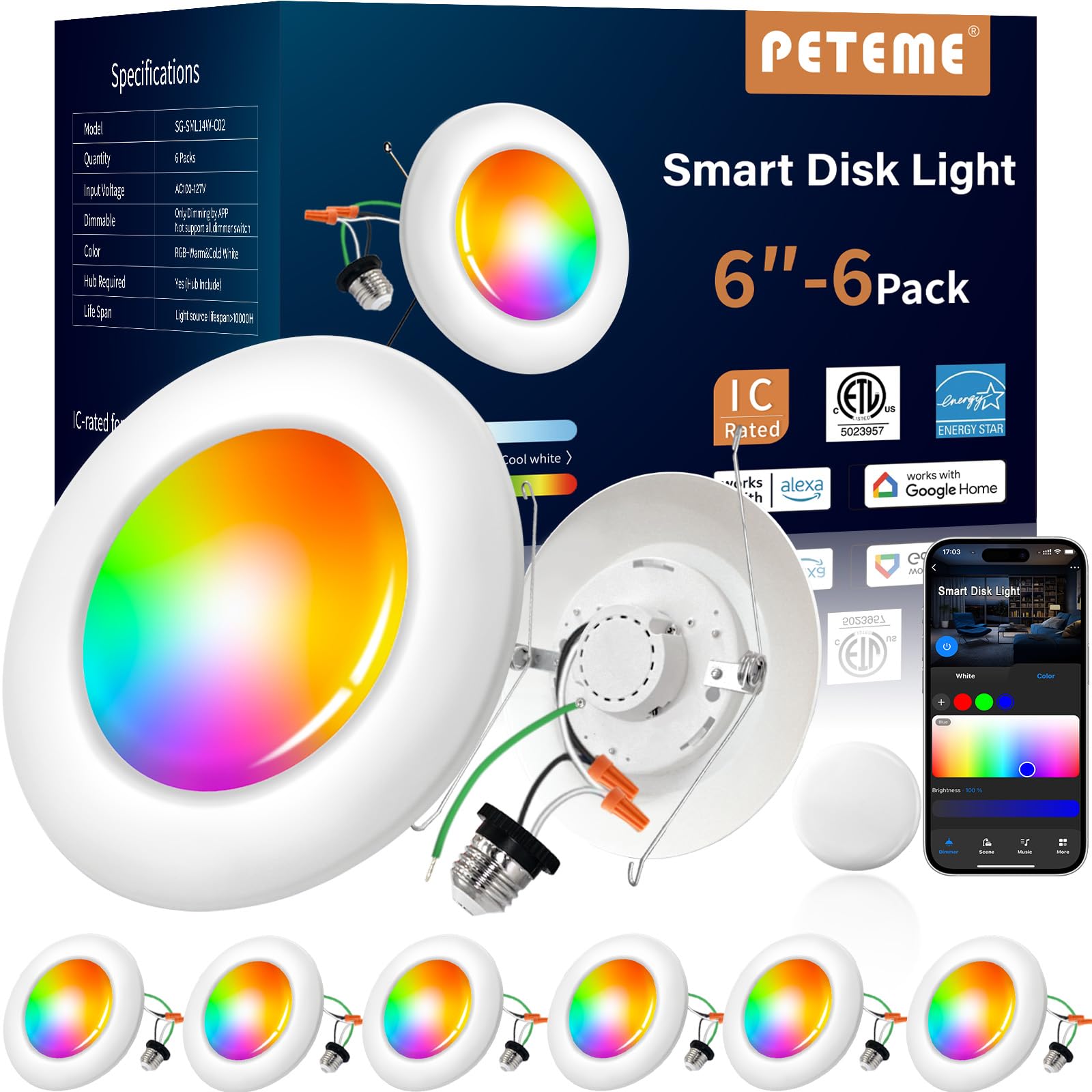Peteme Smart Led Disk Lights, Smart Flush Mount Ceiling Lights 5/6 Inch, RGBWW Color Changing Dimmable Recessed Light, IC Rated 