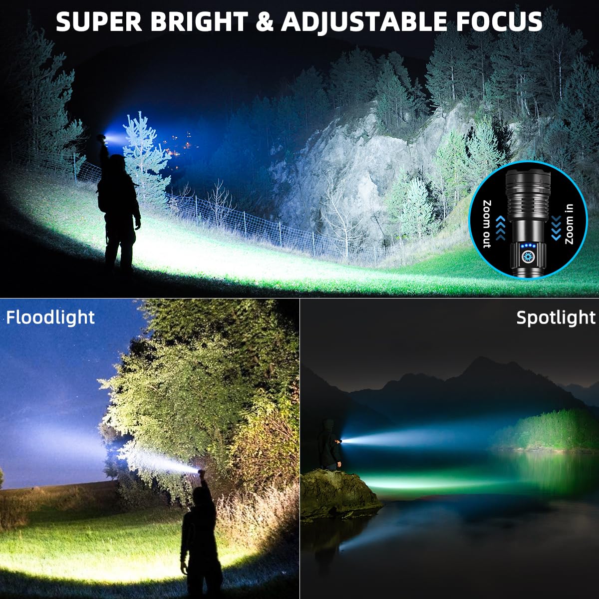 WopkDupk LED Flashlight, Super Bright 5-Mode, Rechargeable, Adjustable Focus, X70-Pro, Black