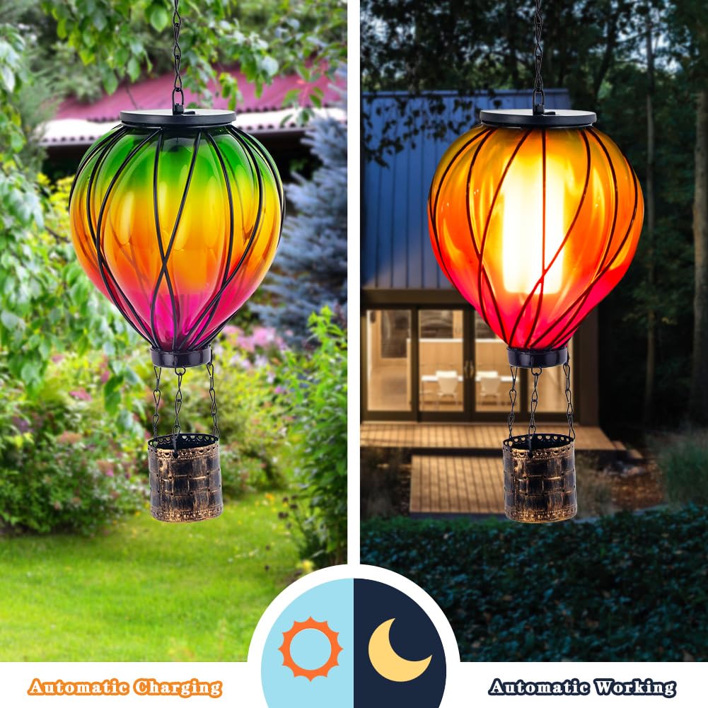 Yelenew Colorful Solar Hot Air Balloon Lantern With Flame Flickering,Garden Decor Glass Hot Air Balloon Solar Lantern Outdoor Wa
