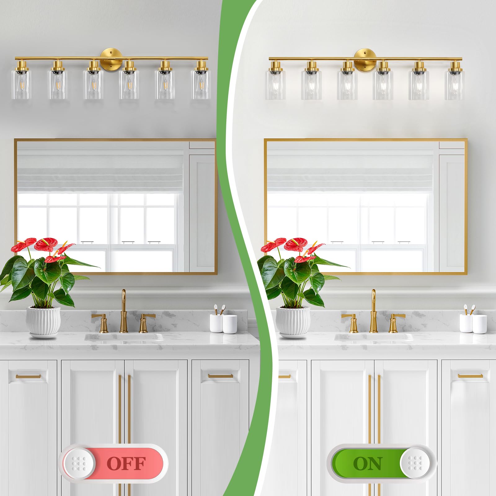 Guliaofo 6-Light Bathroom Vanity Light Fixture, Brushed Gold Metal with Clear Glass Shade, Model Gu-111-QGJ-6