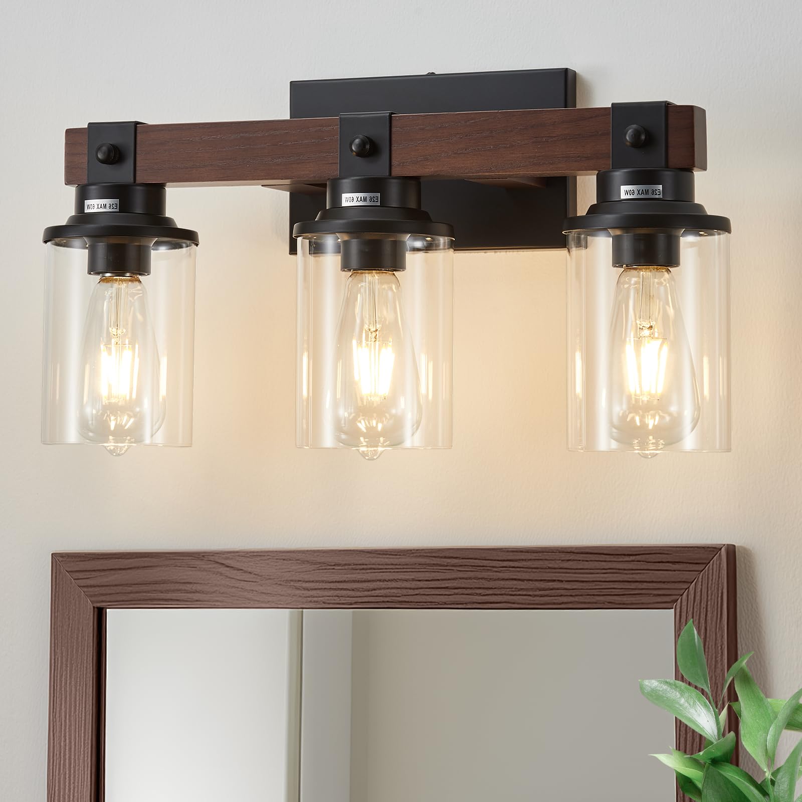 Aixialin 3-Light Wood Vanity Light Fixture, Black & Wooden, Iron, Model 600-100-1090, Rustic Wall Sconces for Bathroom, Bedroom, Hallway