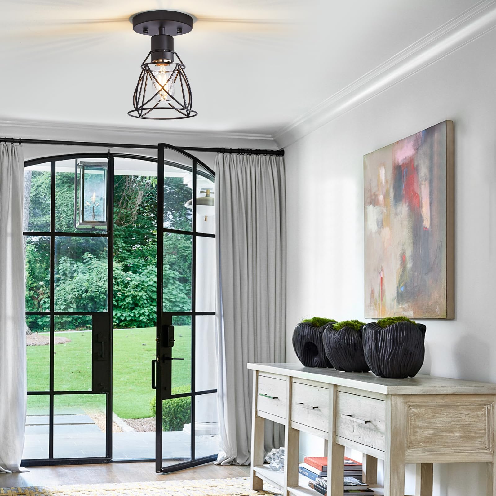 Hdasic 1 Light Semi Flush Mount Ceiling Light, Rustic Farmhouse Matte Black Kitchen Lighting Fixtures Ceiling With Metal Cage Sh