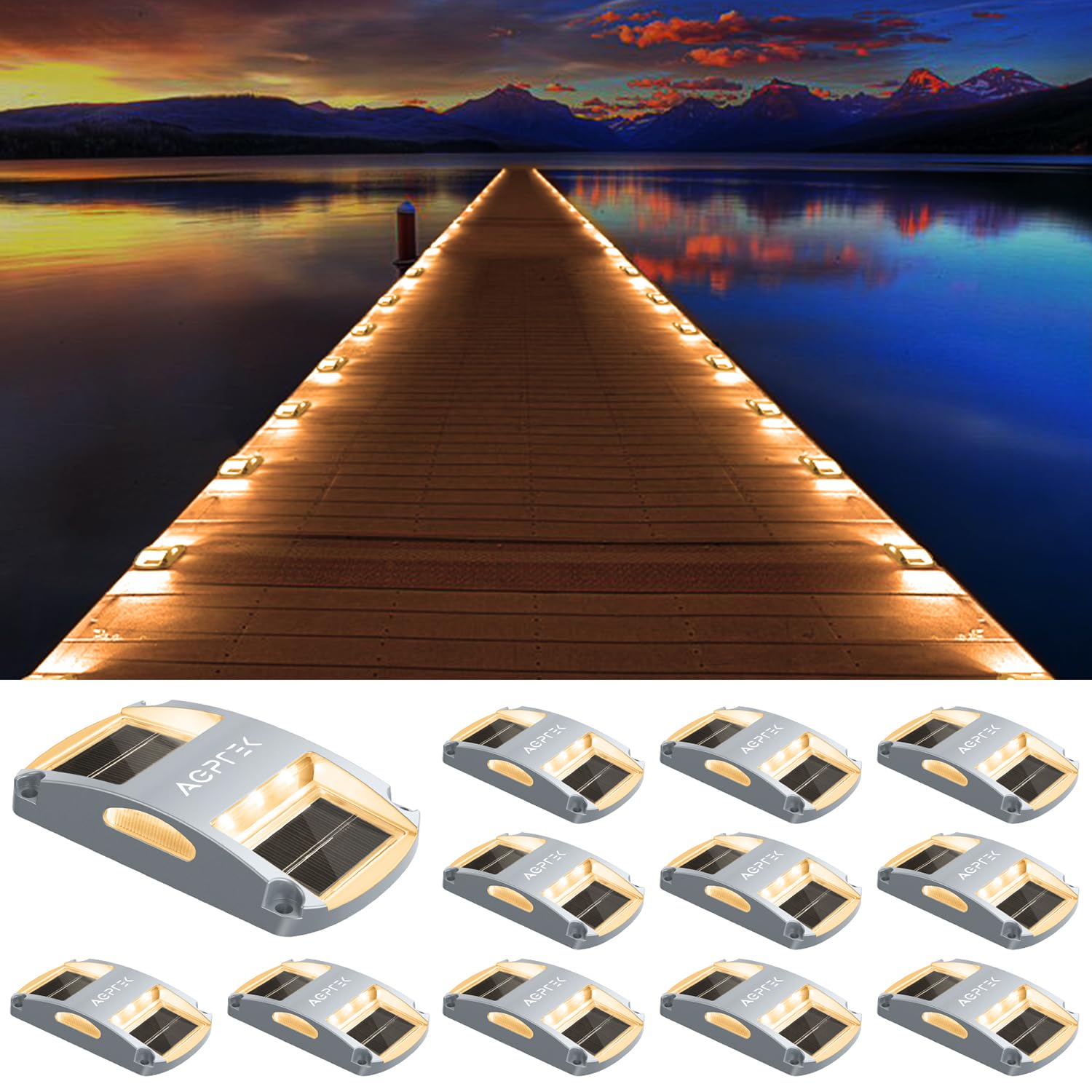 AGPTEK Solar Driveway Lights, 12 Pack, Warm White, LED, Waterproof, Outdoor Deck & Dock Marker Lights for Pathway & Garden