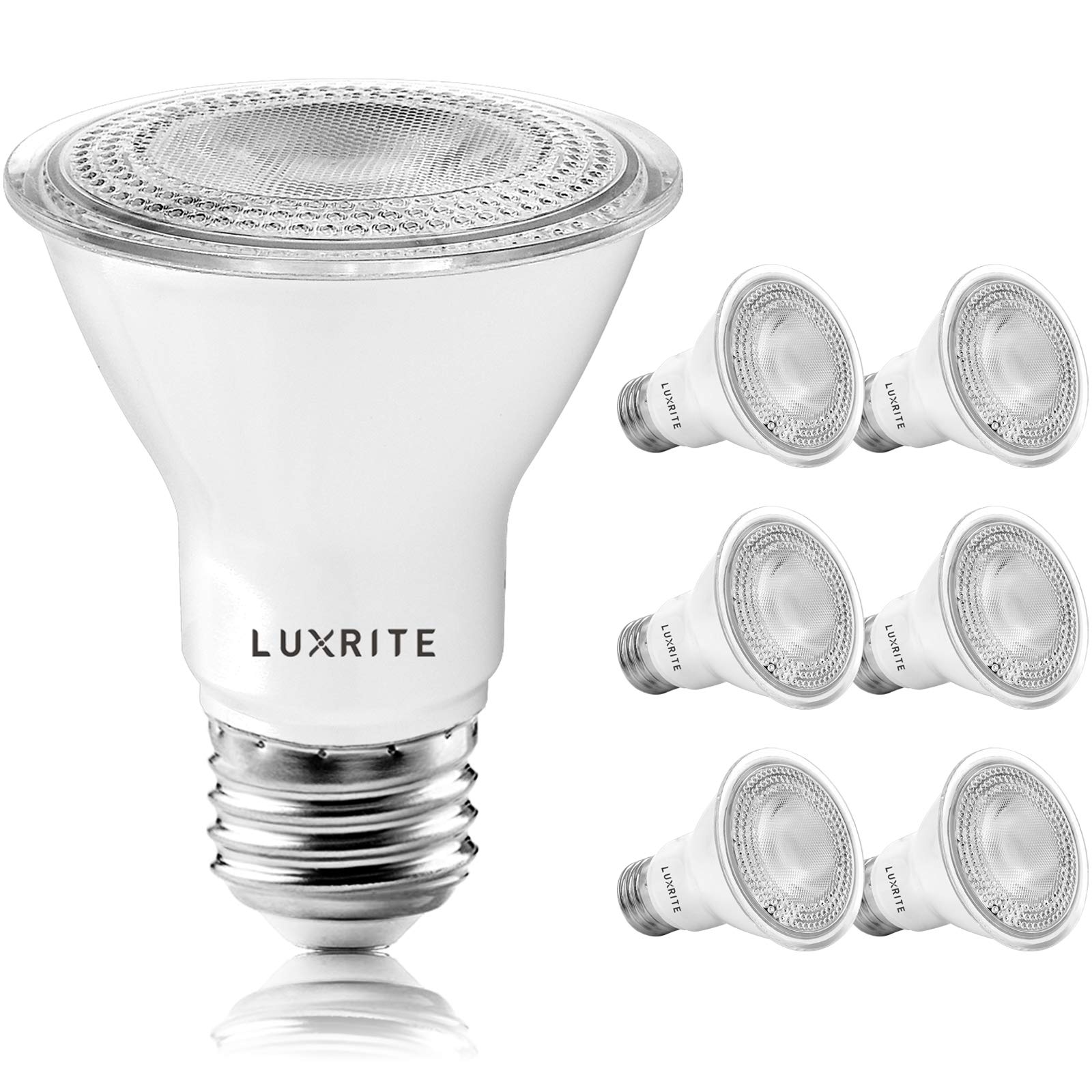 LUXRITE PAR20 LED Bulbs, 50W Equivalent, Dimmable, 3500K Natural White, 6 Pack, E26 Base, UL Listed, Model LR31602