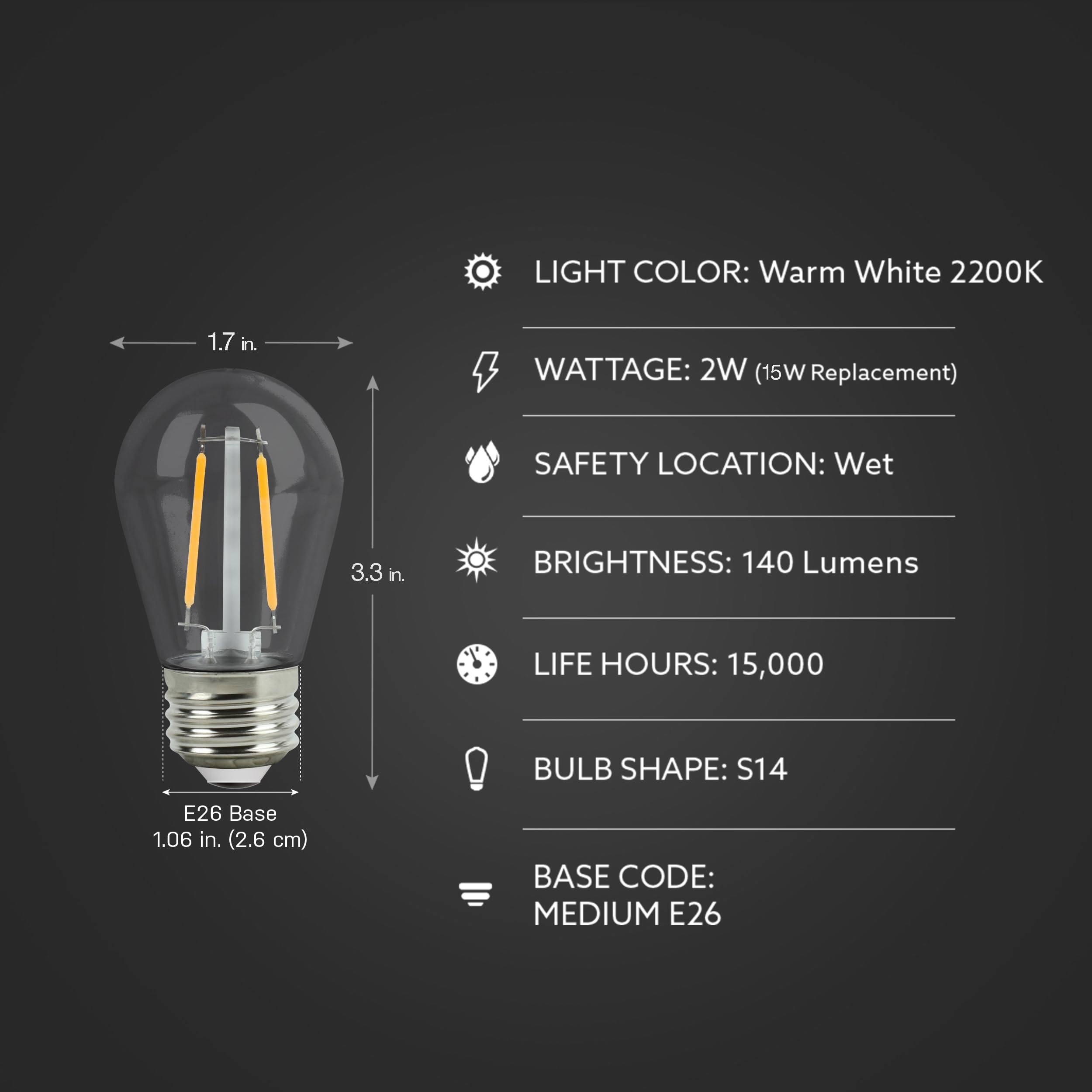 Feit Electric S14 LED Filament Light Bulbs, 2200K Warm White, 140 Lumens, 12 Pack, Glass, S14HO/822/FIL/12,