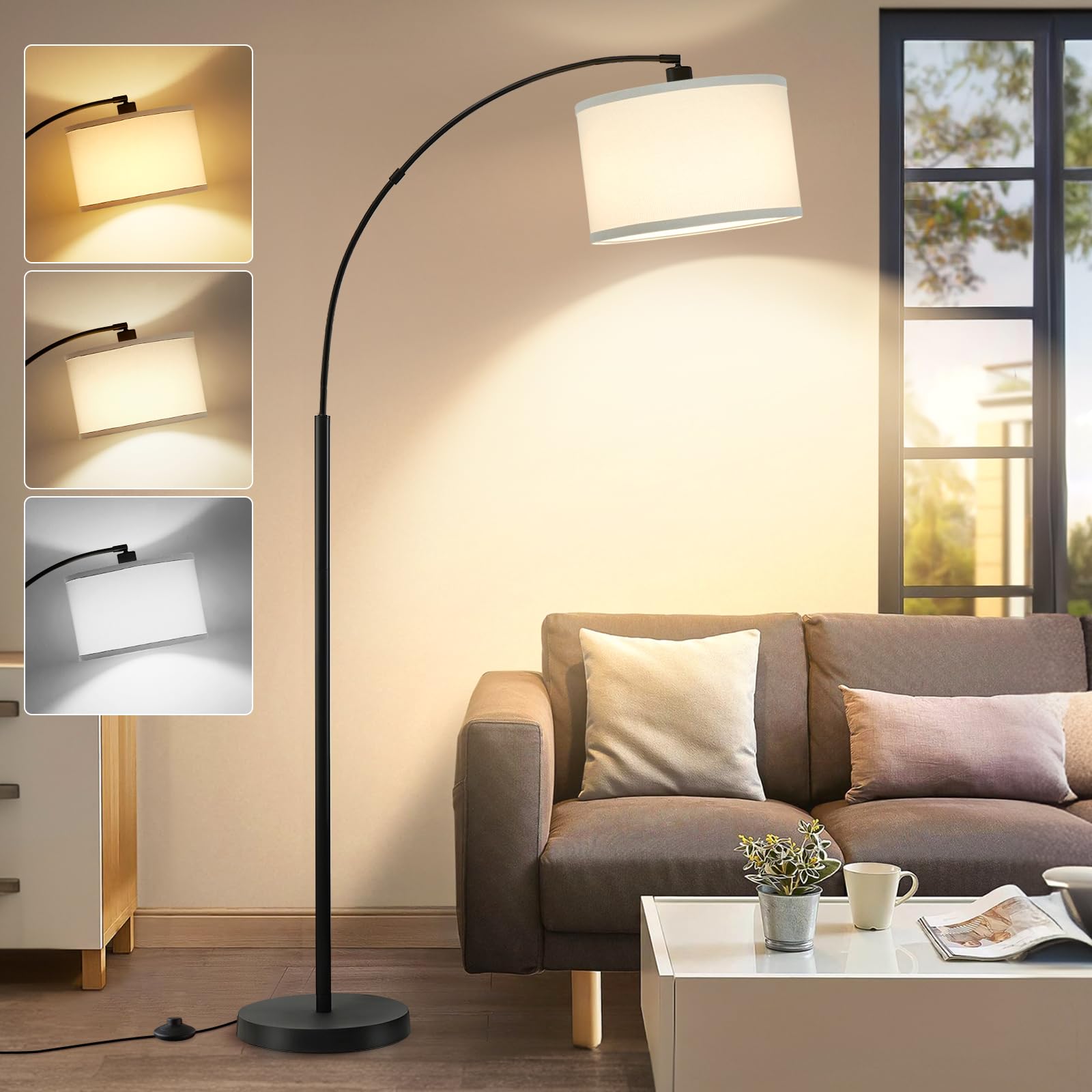Luvkczc 71'' Arc Floor Lamp for Living Room with Adjustable Lamp Head, Black Pole Lamp with White Shade, Standing Lamp with Foot