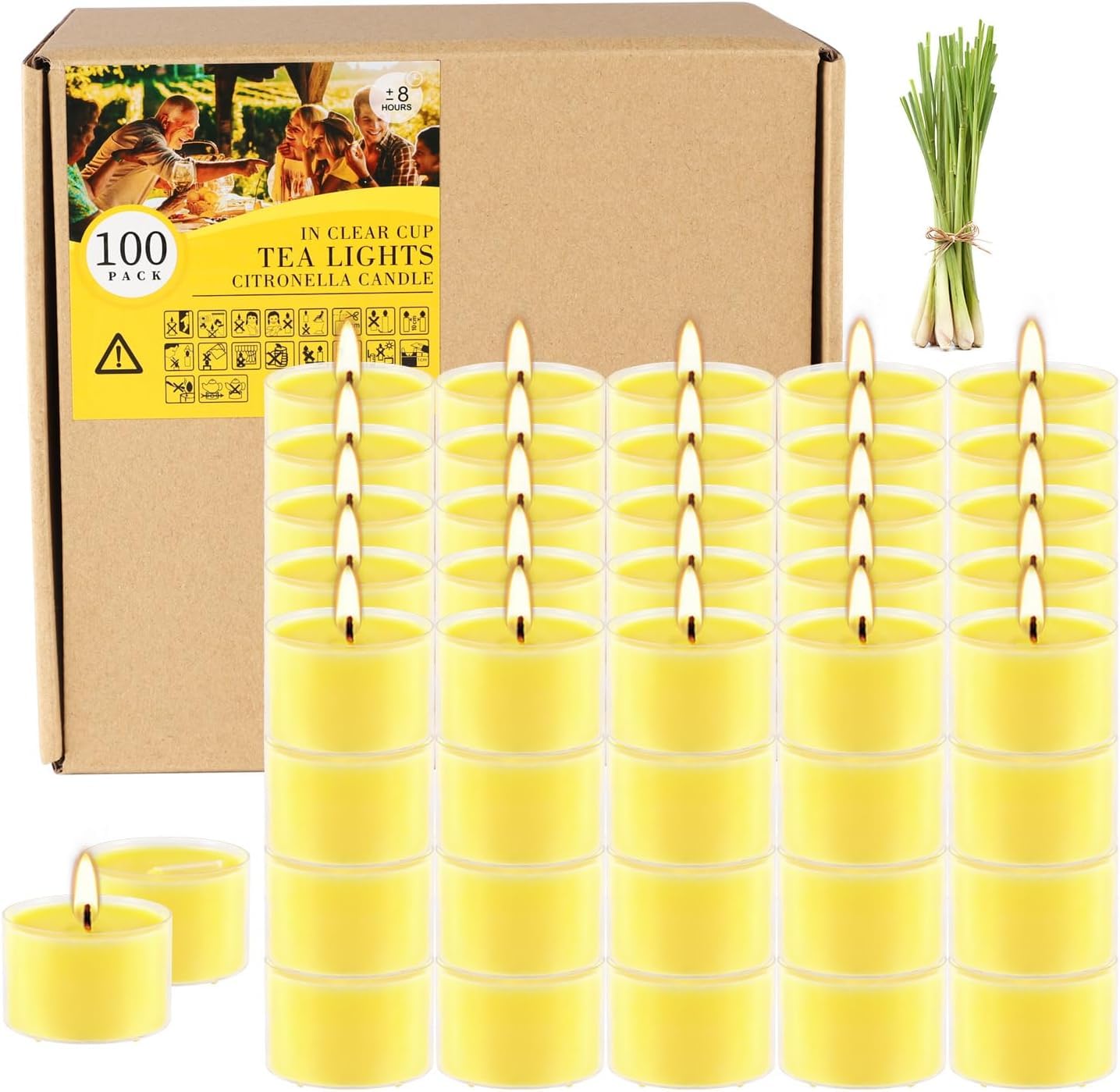 Fclayvts 8-Hour 100 Pack Citronella Tealight Candles, Outdoor and Indoor Summer Scented Candle,Natural Soy Wax Candle for Home P