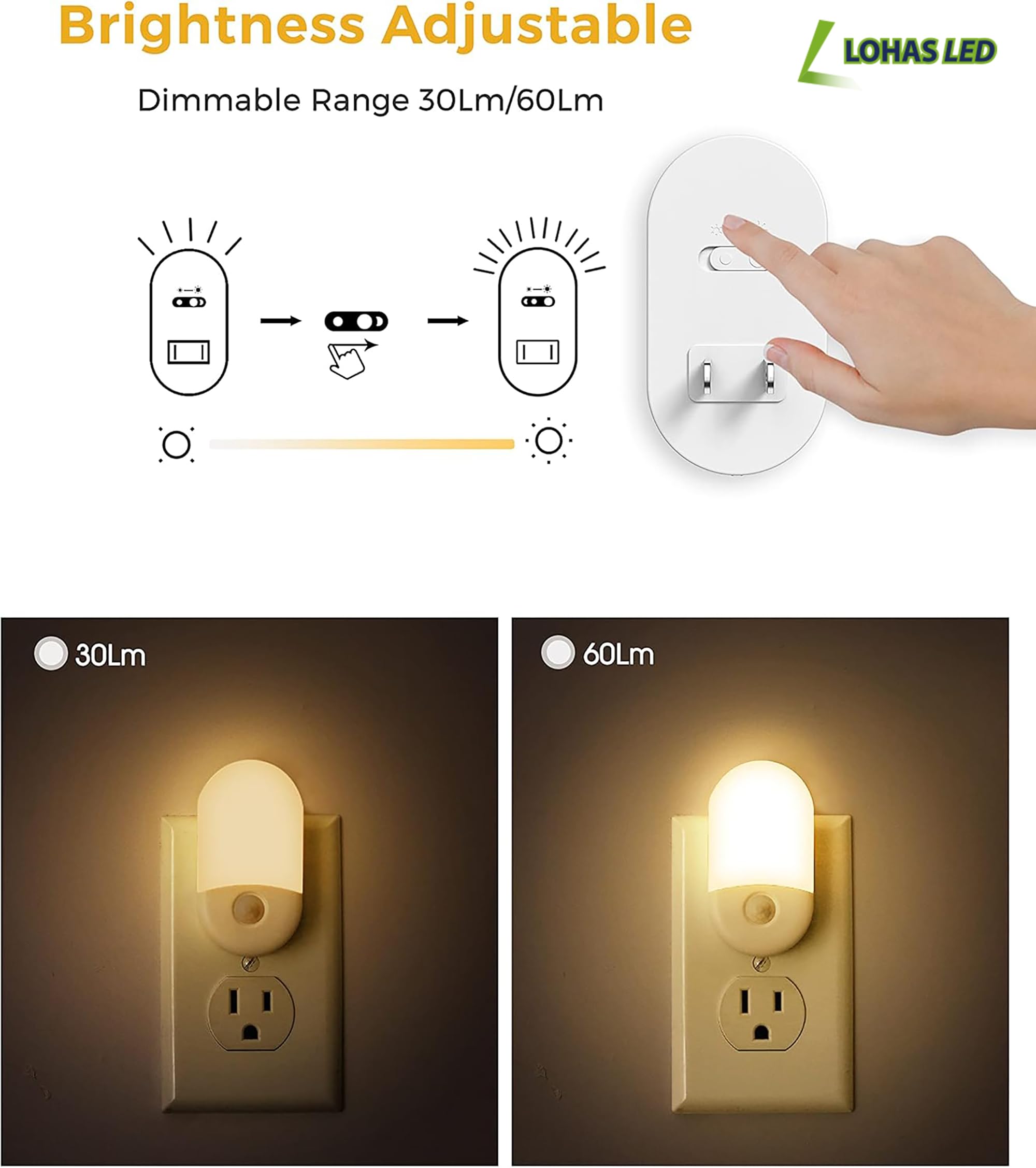 L Lohas Led Motion Sensor Night Light, 2Pack, Motion Activated Night Light, Night Lights Plug Into Wall Motion Sensor, 3000K Warm White, Adjustable Brightness 30/60Lm, For Kids Adults Bathroom Bedroom