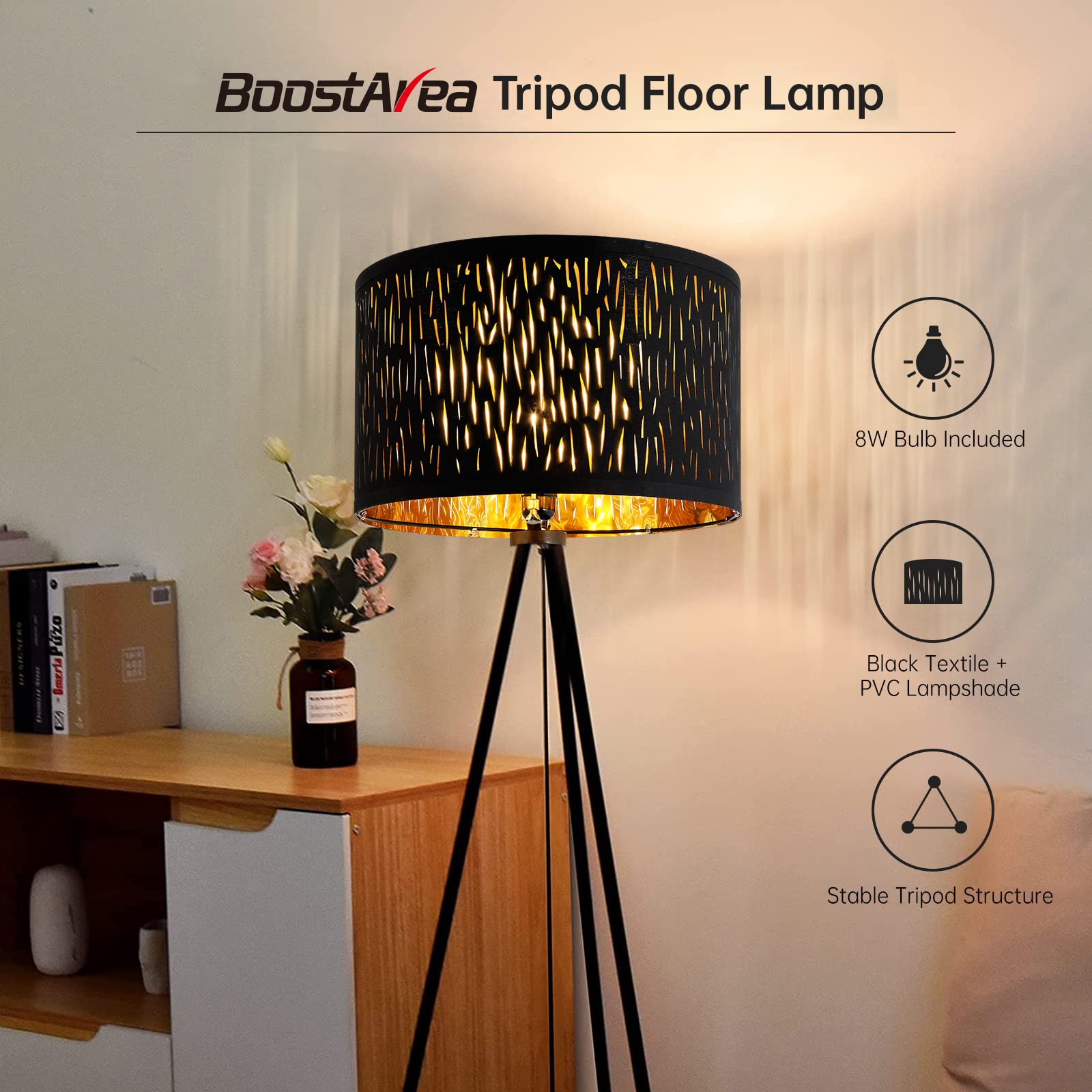 Boostarea Floor Lamp, Tripod Floor Lamp, 8W Led Bulb, Decorative Lamp Shade, Mid Century Standing Lamp For Living Room, Bedroom,