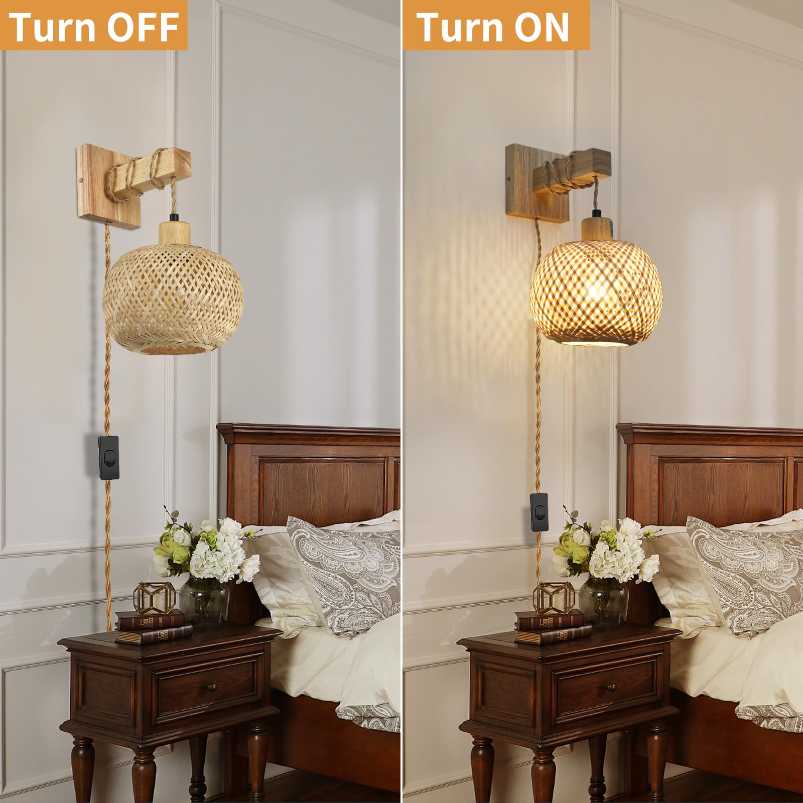 Novcand Bamboo Plug In Wall Sconces Set Of Two, Hand Woven Boho Wall Lamp Plug In Cord Wall Sconces For Bedroom Living Room Farm