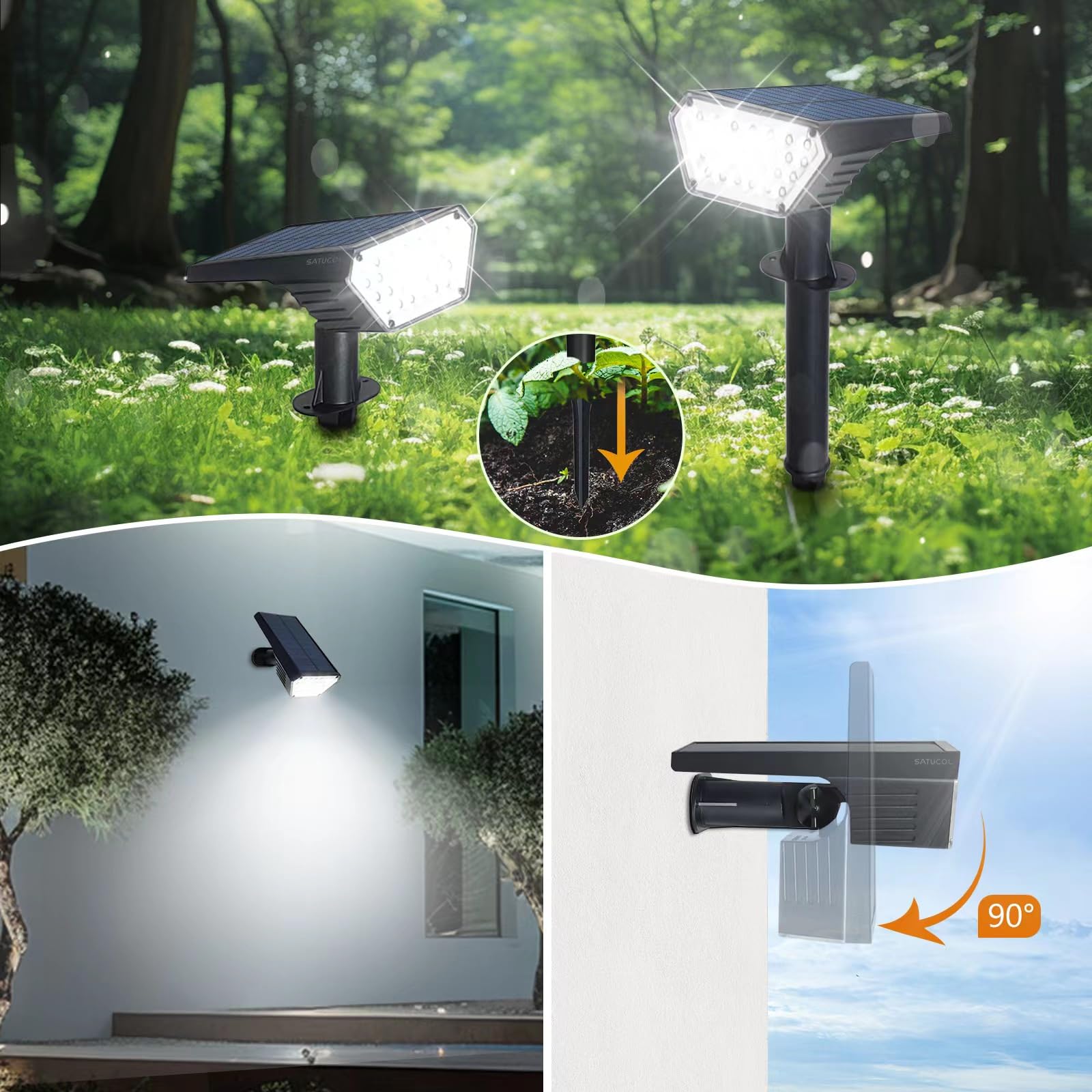 Satucol Solar Spot Lights Outdoor, 4 Pack, Waterproof IP65, Cool White, 2-in-1 Landscape Lighting, Model Satucol-A