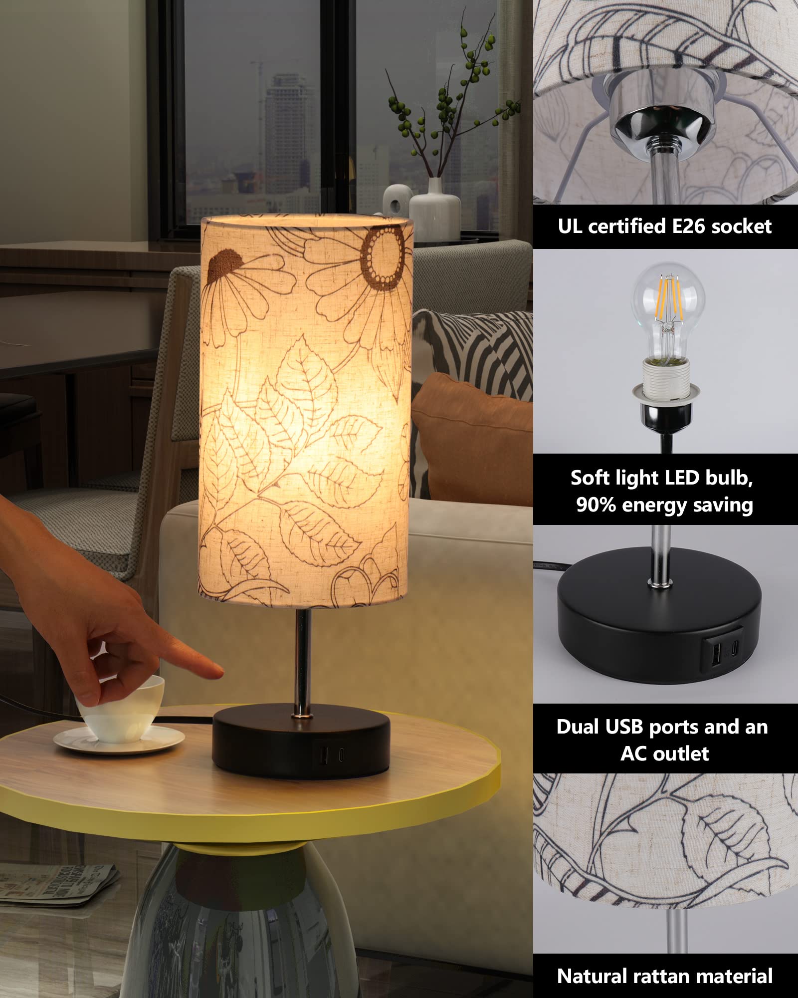 Lanmonlily Touch Control Desk Lamp With 2 Usb Ports, 3-Way Dimmable Bedside Lamp For Bedroom, Nightstand Lamp With Round Flower Fabric Shade For Living Room, Home Office