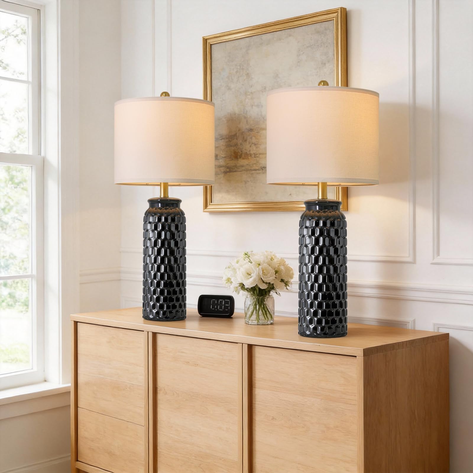 USumkky 27 Ceramic Table Lamps Set of 2 - Modern Farmhouse & Boho Style  Bedside Nightstand Lamps for Bedroom  Living Room End Table Lamps  Small Desk Lamp(Black)