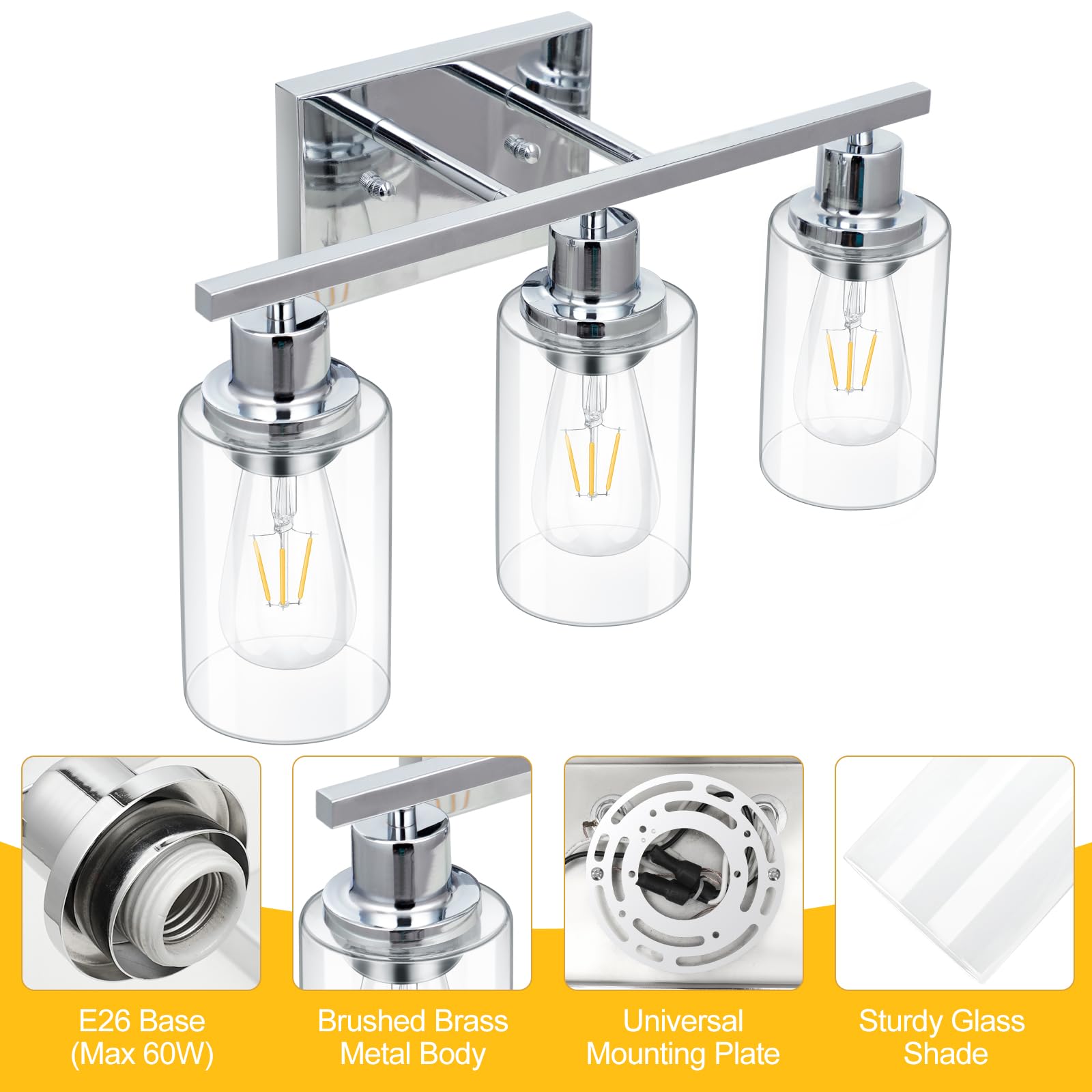 Apenath 3 Light Vanity Light Fixtures, Polished Chrome Wall Sconces, Metal Glass, Model FLUS-CH3L-01