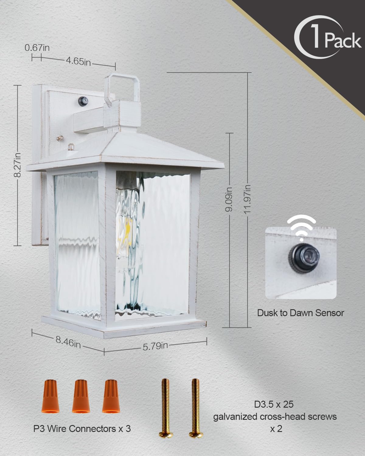 Zillsea Dusk To Dawn Outdoor Porch Light, Distressed White Exterior Lighting Fixture With Water Ripple Glass, Rustproof Waterpro