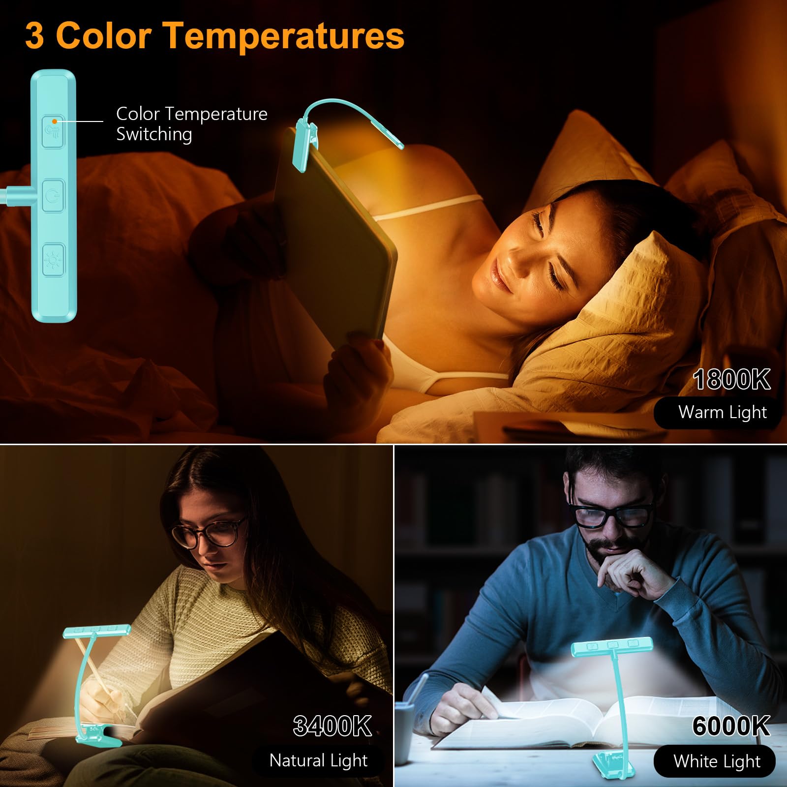 Gritin LED Rechargeable Book Light - 3 Color Temperatures, Stepless Dimming, 80 Hrs Runtime, Clip-On, Blue, Model G1326
