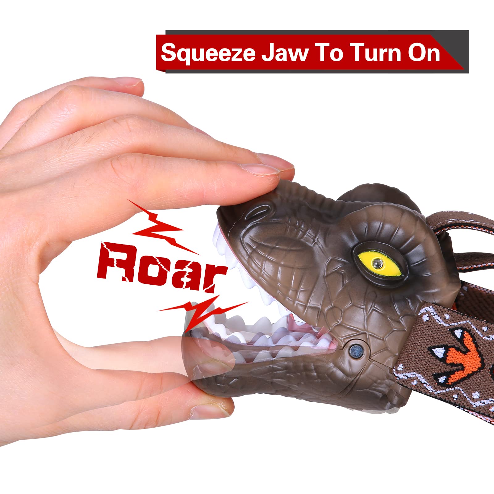 lelefa Dinosaur Kids Headlamp, T-Rex LED Flashlight, 4 Lighting Modes, Brown, Model lelefa-01