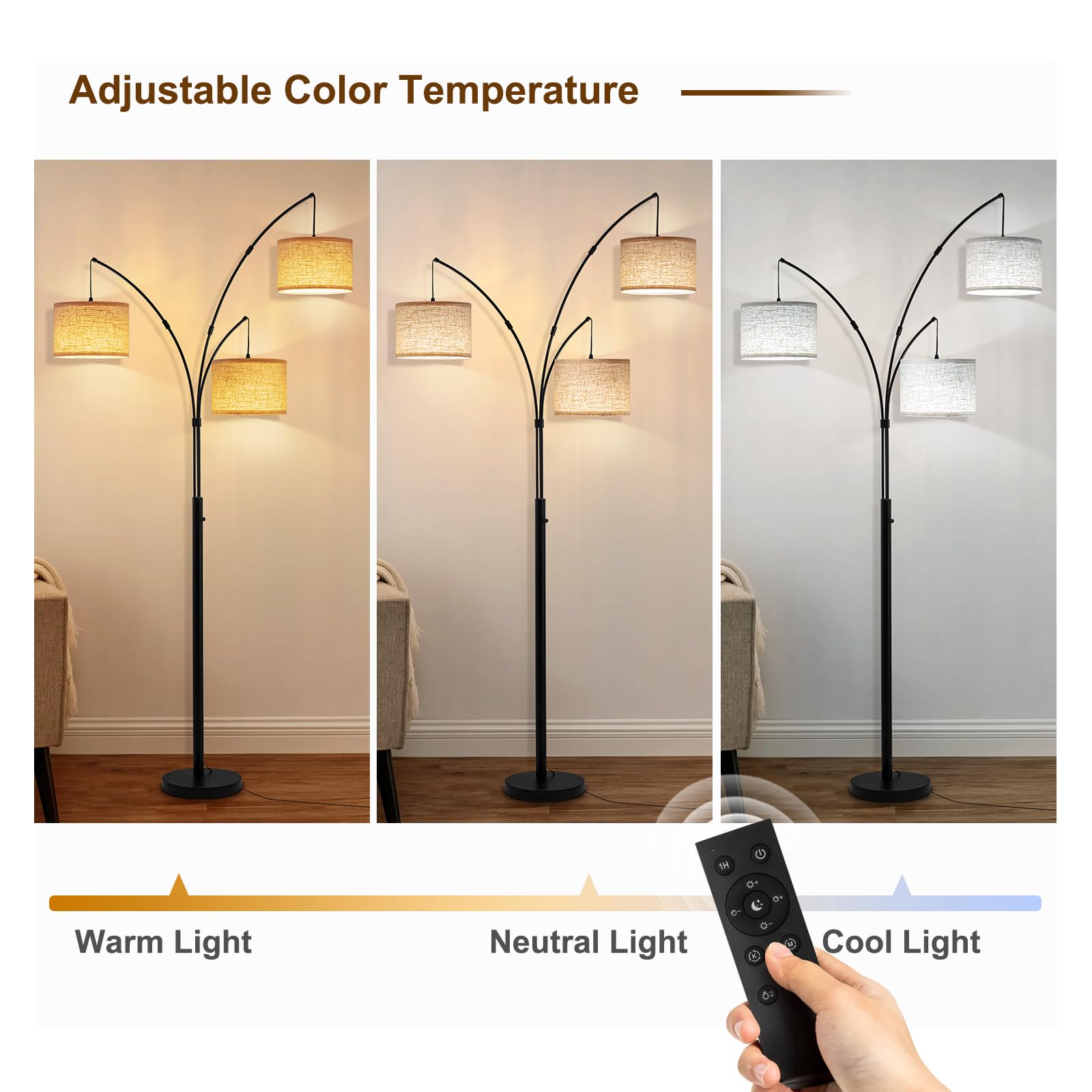 Fansdrick Arc Floor Lamp - 2400LM Super Bright, Remote Control, 80" Tall, Black-Linen Shade, Metal, Model NTL-02B