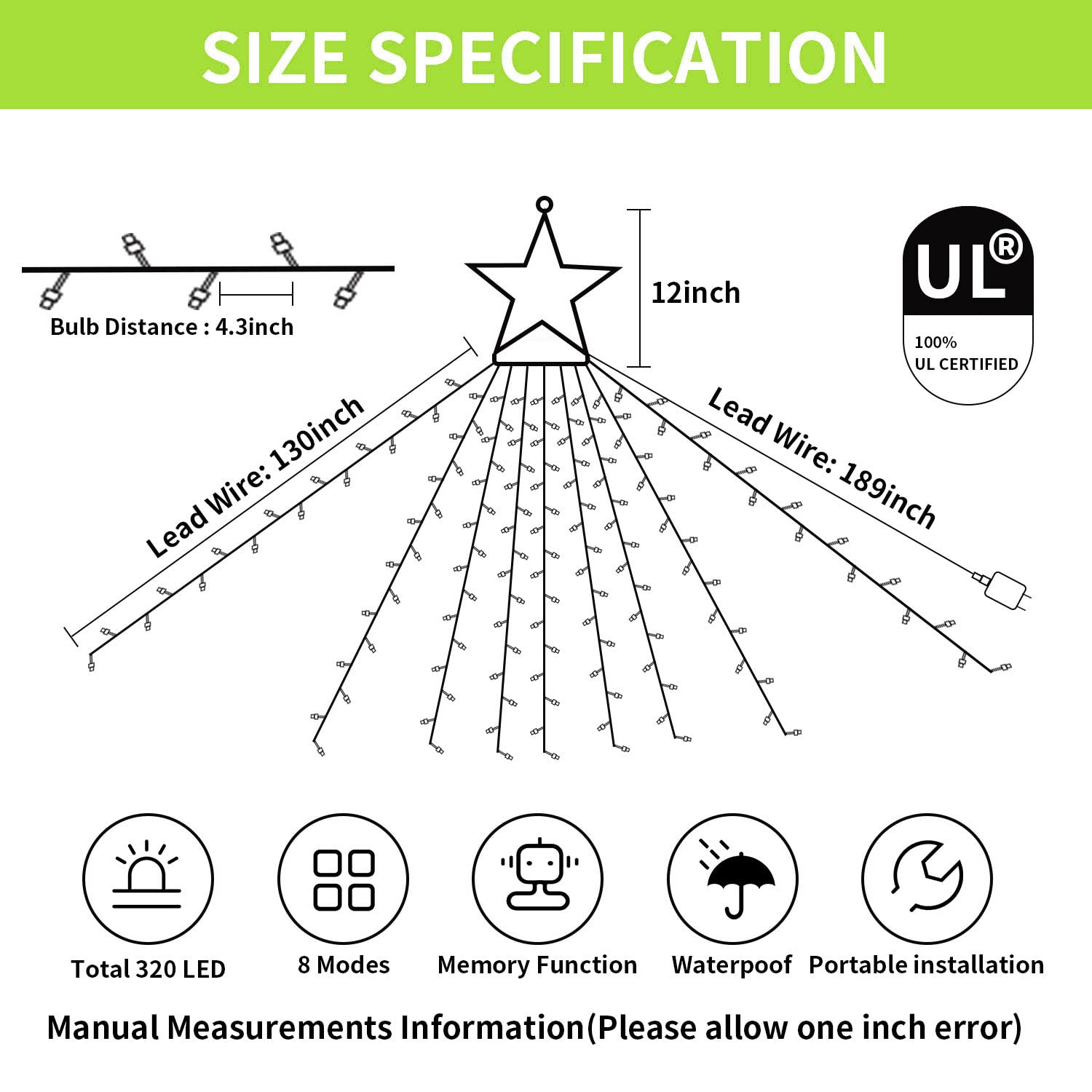 Miniao 16.4Ft 320 Led Christmas String Lights, Waterproof Star Topper, Red & Green Decor