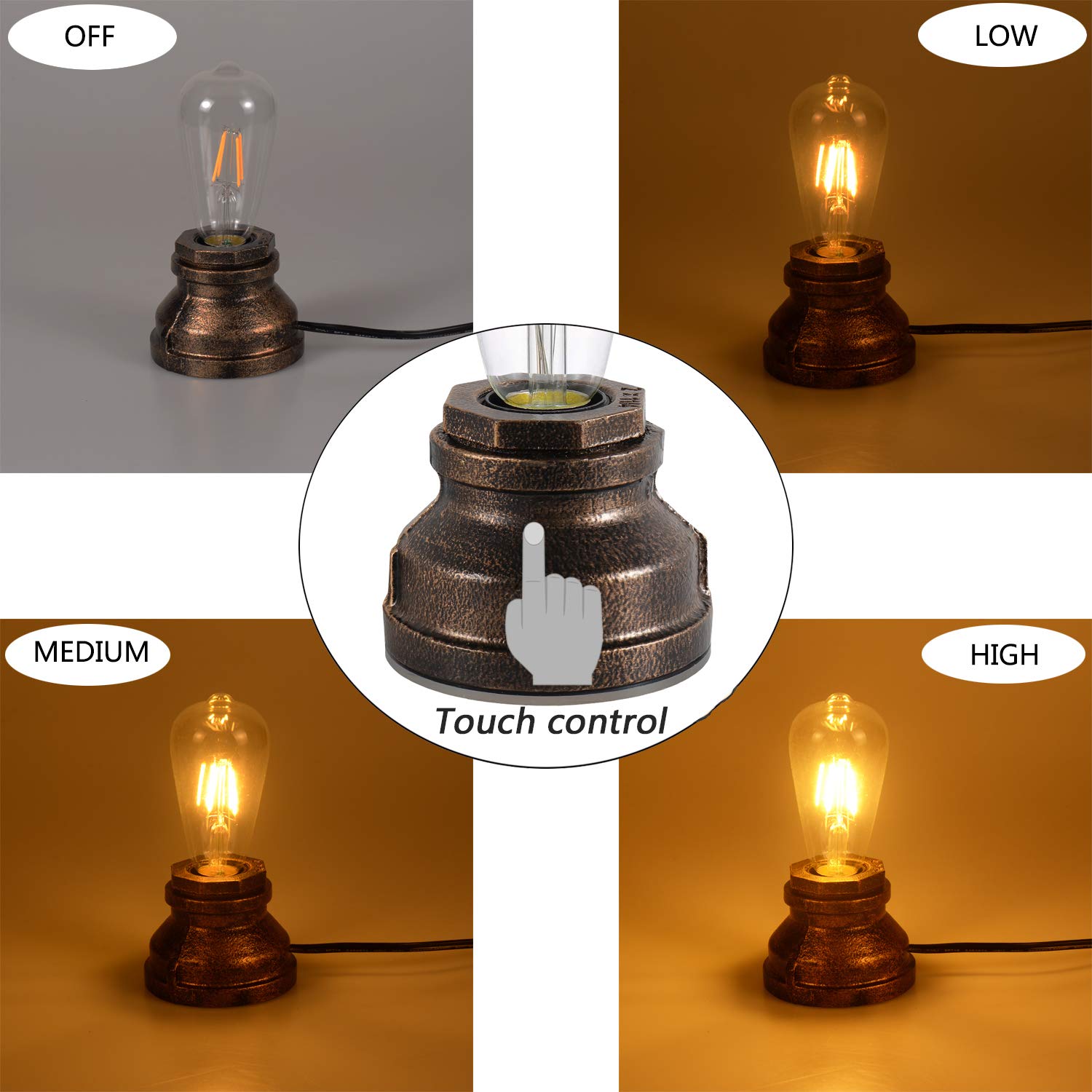 Lovefindahome Vintage Touch Control Table Lamp, Edison 4W LED, Dimmable, 3 Levels Brightness, Small, Bronze, Model: lovefindahome000001