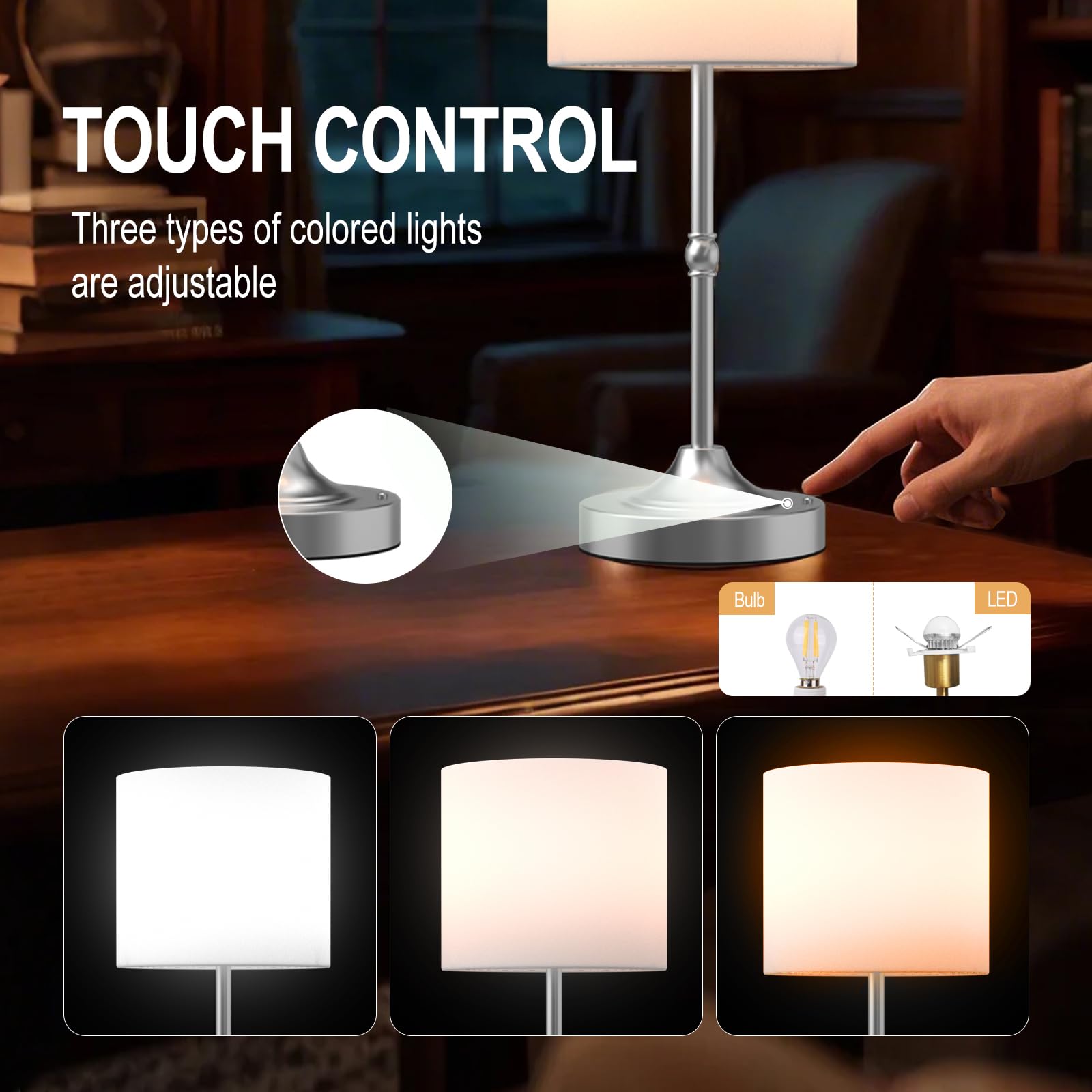 YYXGOOB Cordless LED Table Lamp, Silver Fabric Shade, Dimmable, 16.2"H x 5.9"W x 5.9"D, Rechargeable, Ideal for