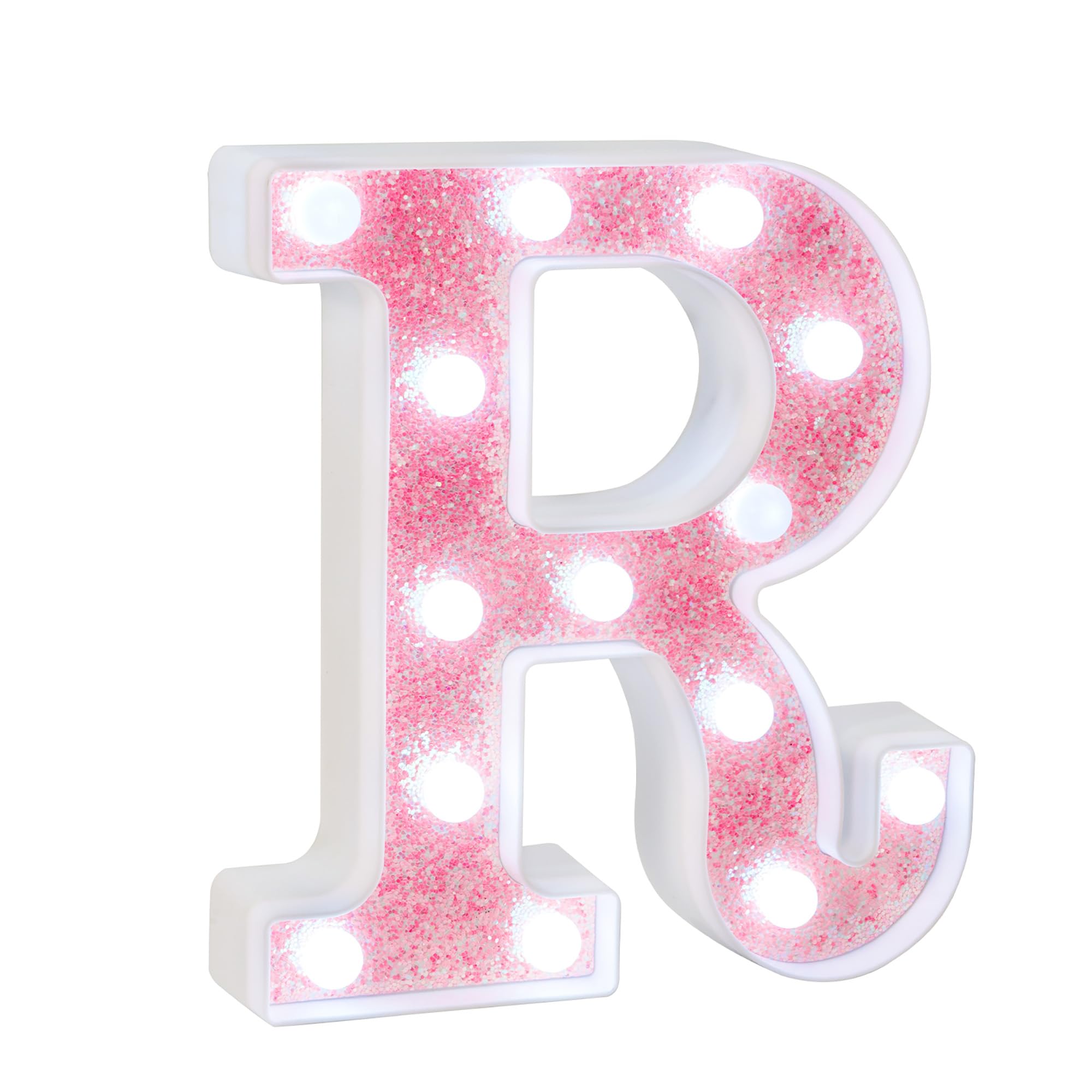 eufony LED Marquee Light Letter R, Glitter Pink, Battery-Powered, Cool White Lights, Wall & Table Decor