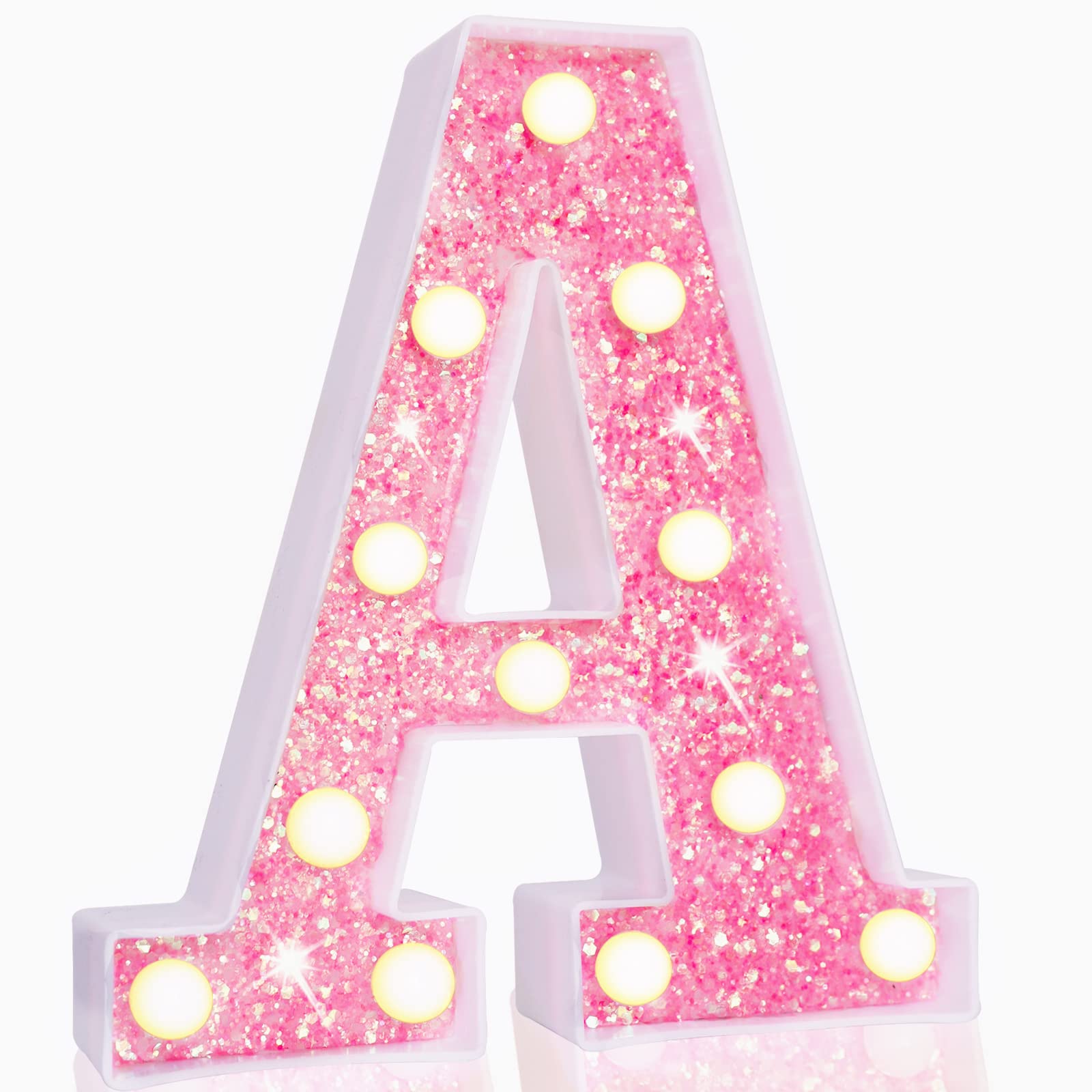 Pooqla LED Marquee Letter Light, Pink Glitter Alphabet Sign, Battery Powered Night Light for Parties & Decor, Sequin Pink Letter A
