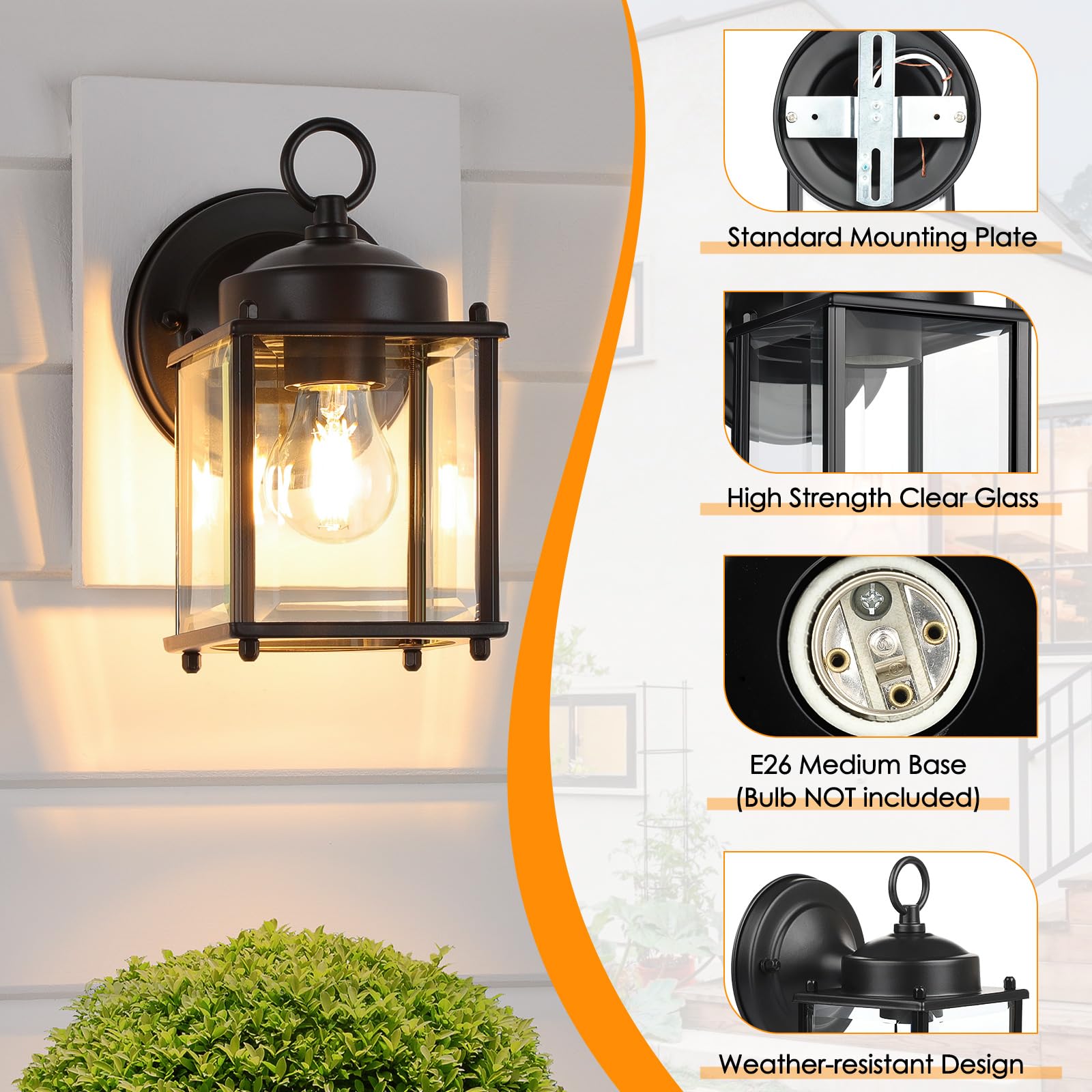 MATAMEYE Outdoor Wall Lantern 2 Pack, Waterproof Black Iron Sconce with Clear Beveled Glass Shade, 8.27 inch, Model GS8648