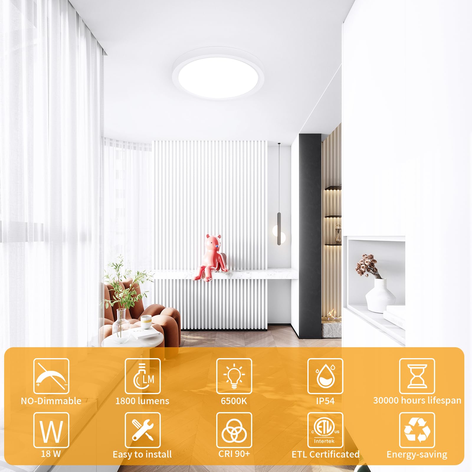 Wifume 7Inch Flush Mount Ceiling Light Fixtures,18W 1800Lm Flat Led Light For Ceiling, 6500K Ultra Thin Round White Lamp For Bed