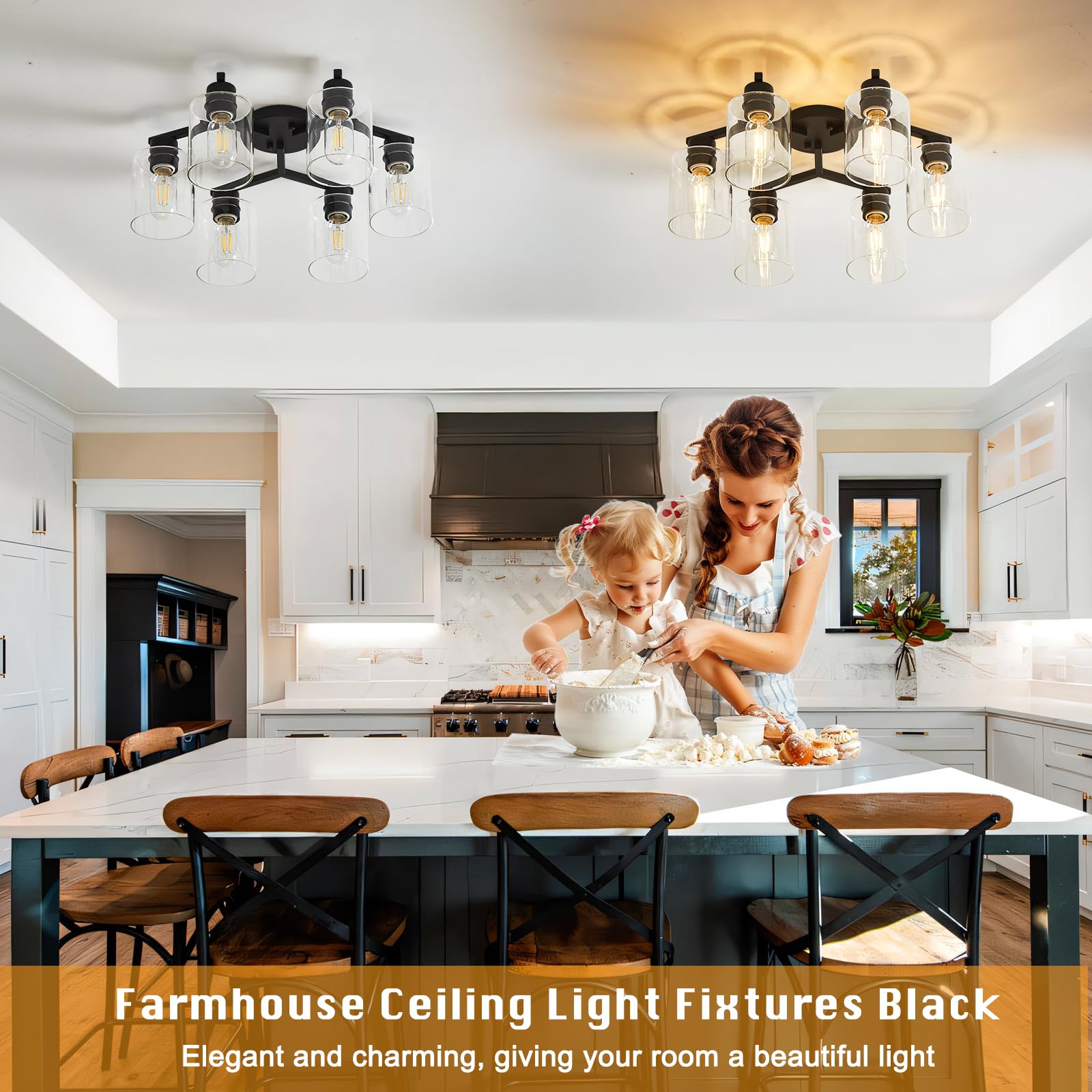 6-Light Semi Flush Mount Ceiling Light Fixture, Black Light Fixtures For Dining Room Ceiling, Large Kitchen Lighting Fixtures Ce