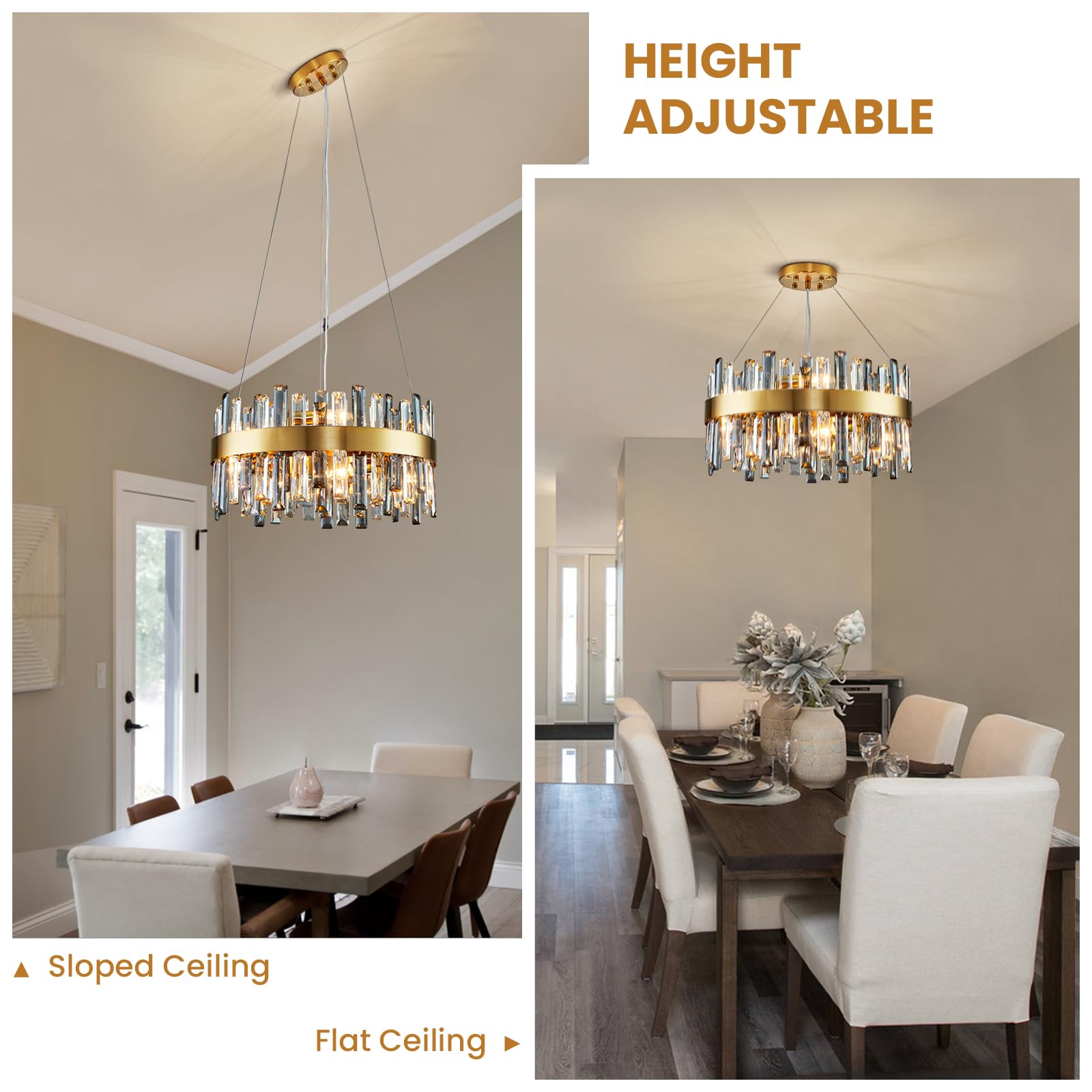 Siljoy Modern Crystal Chandelier, 12-Light Brass Gold, Round D19.7in , Clear & Grey Crystal, Model FSK0607