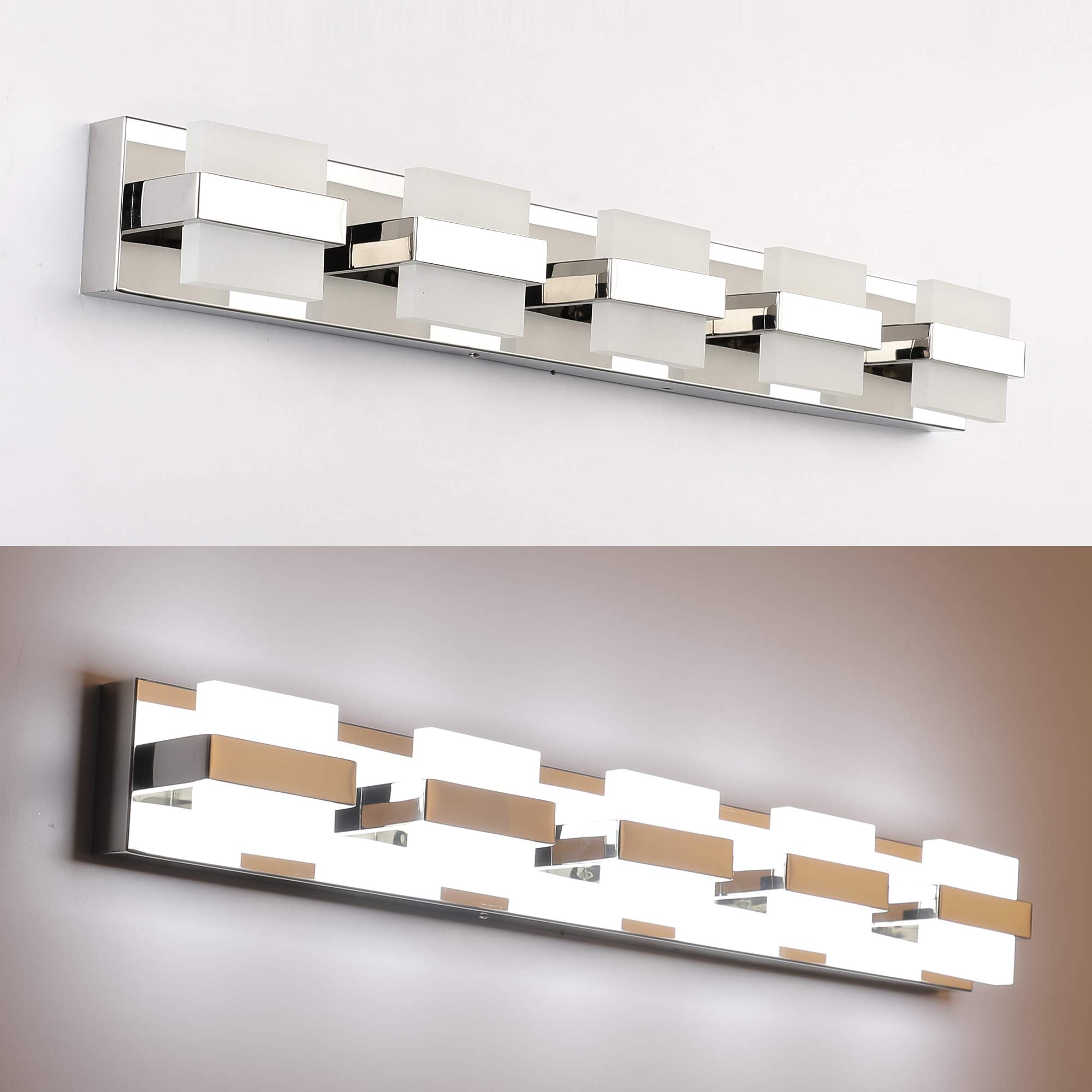 SOLFART 5-Light Dimmable Bathroom Vanity Lights, Chrome Stainless Steel Over Mirror Fixture, Model 7248-5T-WHL, White Light