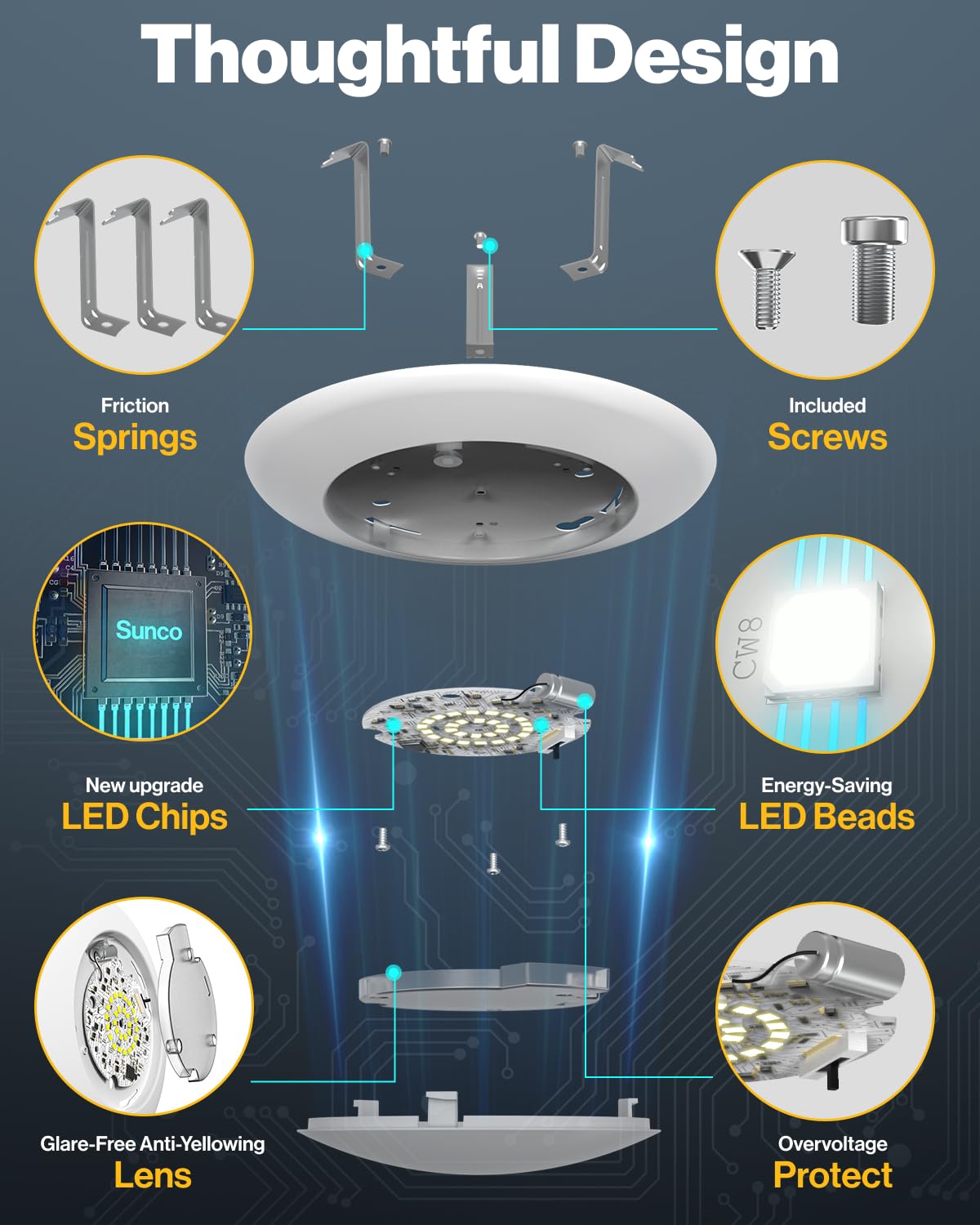 Sunco 6 Pack 4 Inch Led Disk Lights, Flush Mount Disc Recessed Ceiling Can Lighting, 650 Lm, Selectable Cct 2700K/3000K/4000K/50
