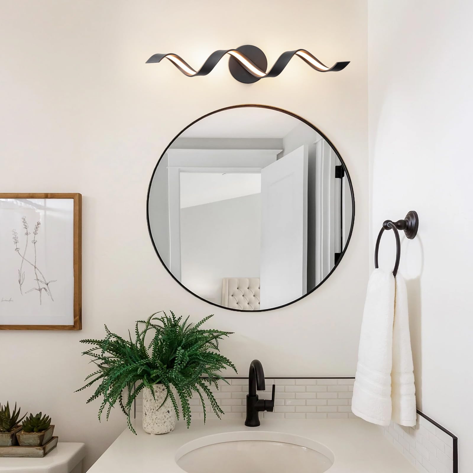 Huoku 24" Dimmable Black Led Bathroom Vanity Light, Spiral Design, 3000K Warm Light