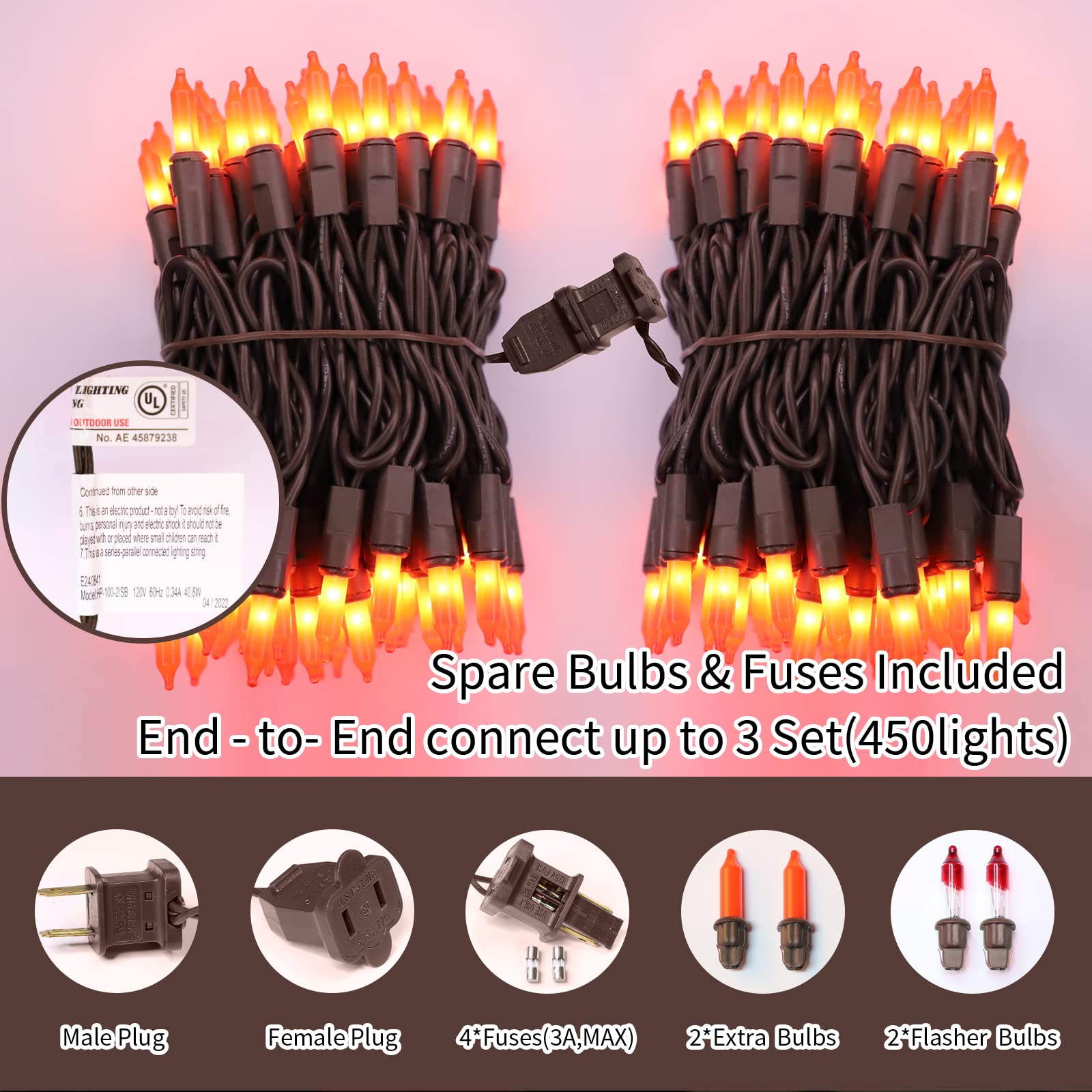 Lamphome Super-Bright Extendable Orange Christmas Lights Decoration 300Lights 63.8Ft(2Pk Of 150L) Ul Certified Mini Bulb String Light Set For Outdoor Halloween Home Christmas Tree Garden Holiday Decor