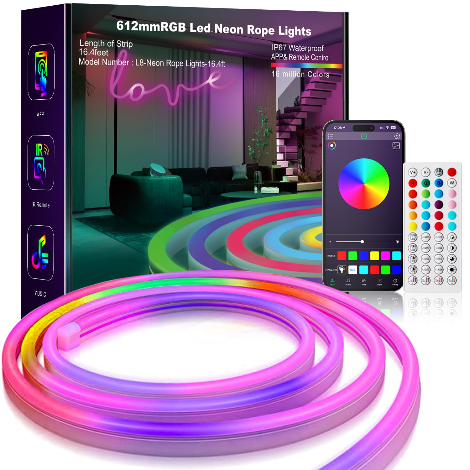 L8Star Rgb 16.4Ft Led Neon Rope Light With Remote Control, Flexible Plastic Strip For Indoor/Outdoor Decor, Model L82M