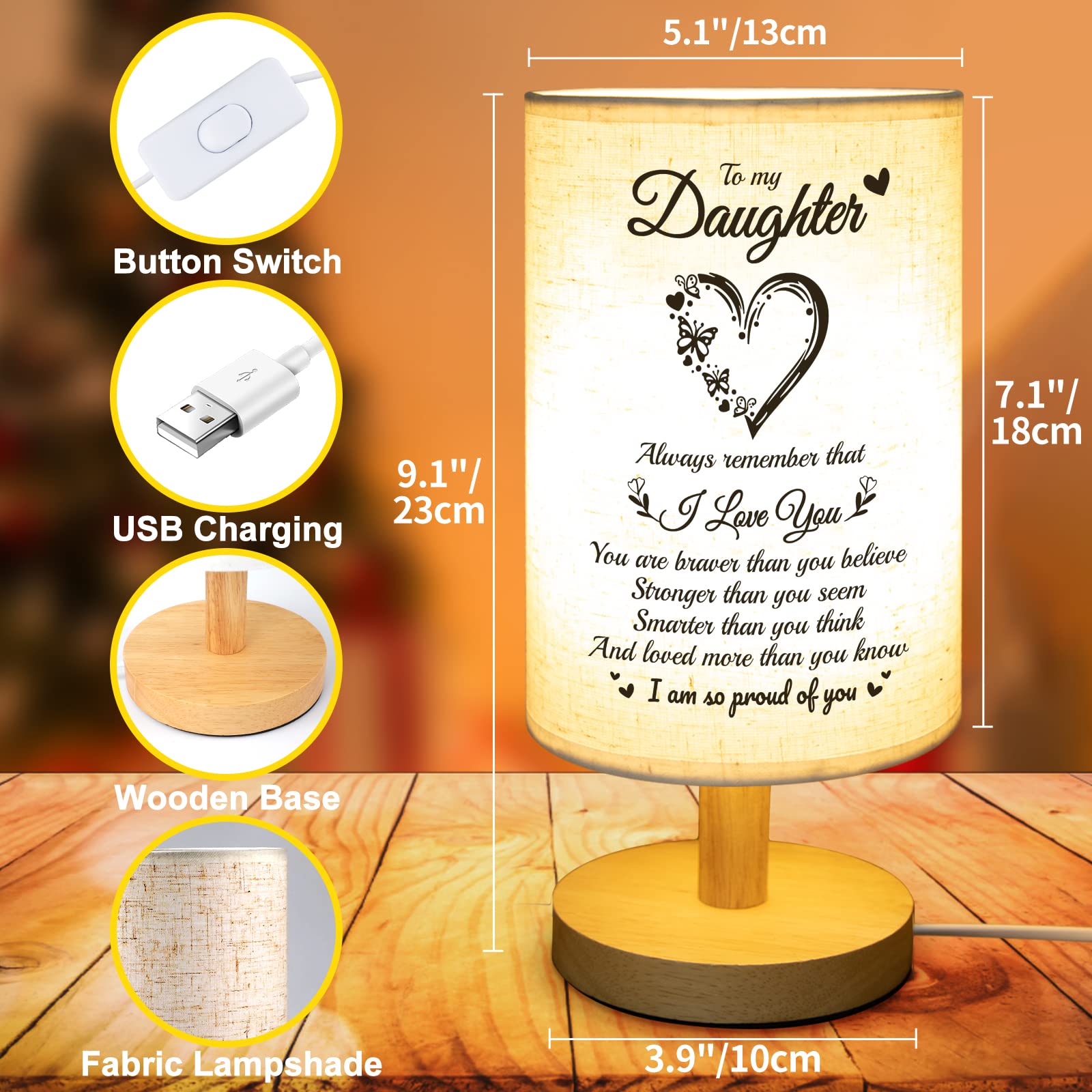 Souhoney Daughter Gifts From Mom Dad Table Lamp - Best Birthday Gifts For Daughter Fabric Wooden Desk Lamp - Christmas Gifts For