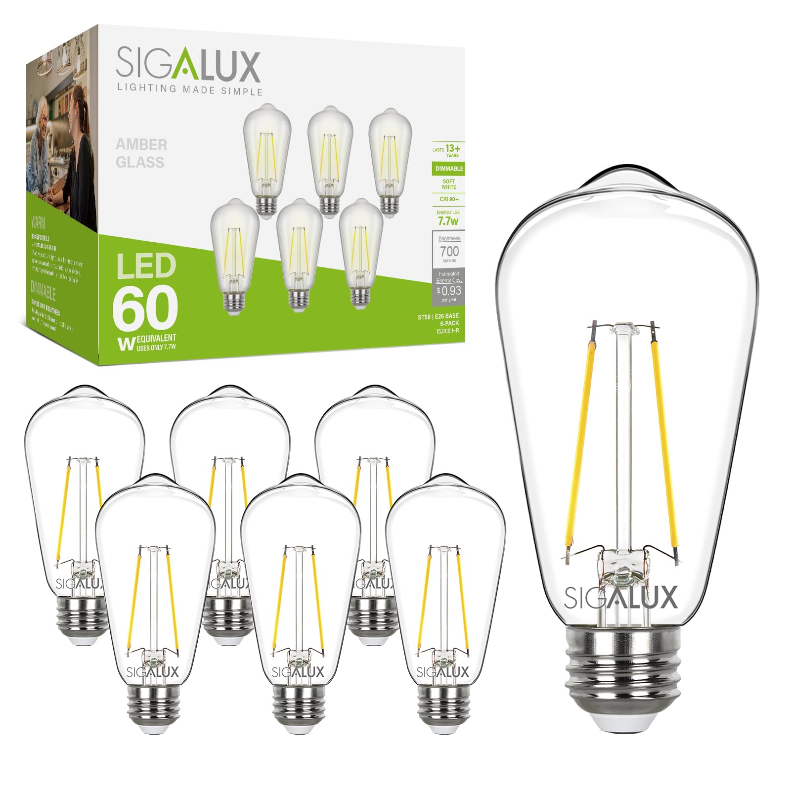 Sigalux LED Edison Light Bulbs, 60W Equivalent, 2700K Soft White, Dimmable, Clear, 6 Count, Model 4256692700