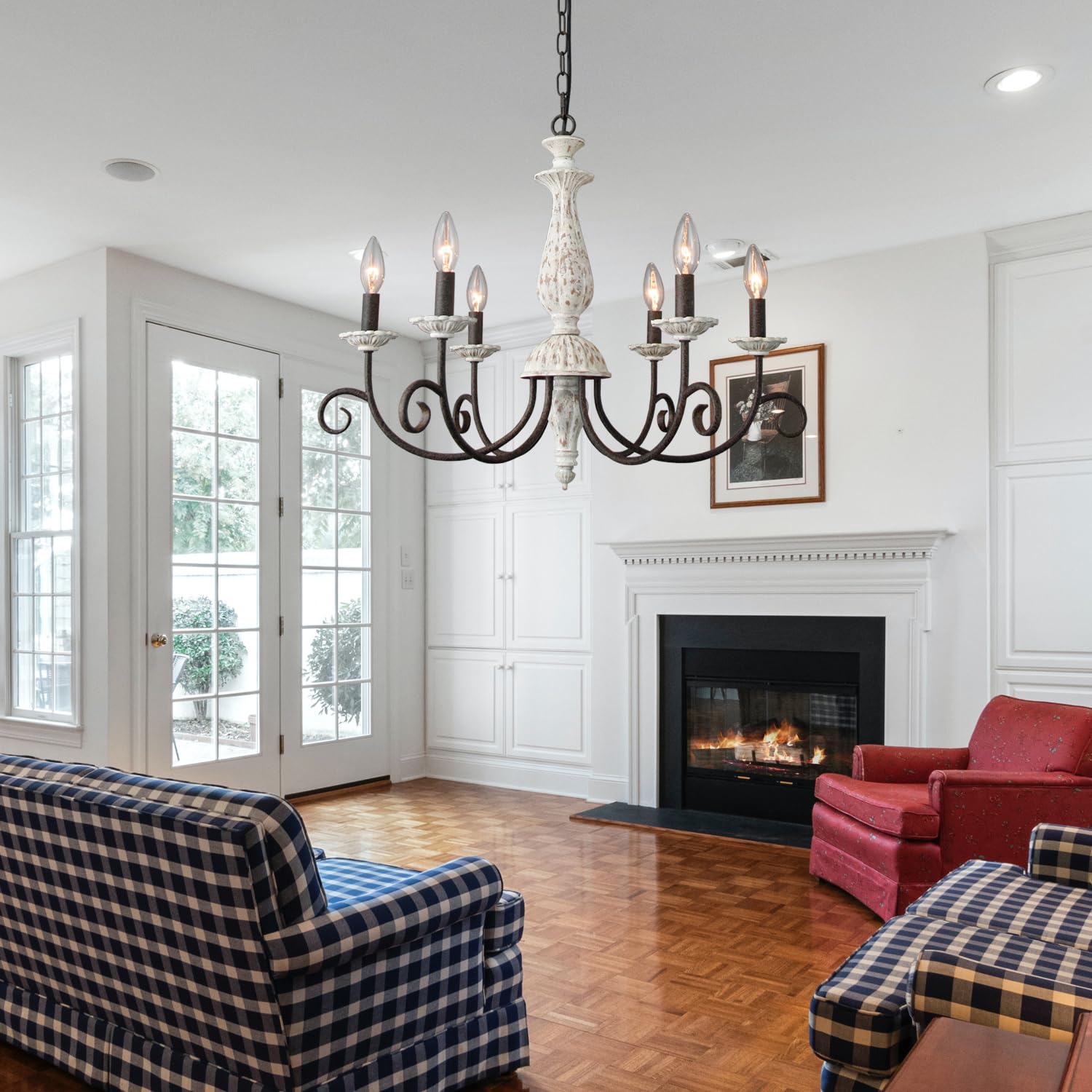 Cawabien Farmhouse Chandelier For Dining Room, 6-Light French Country Lighting Handmade Distressed White Wood Candle Chandelier