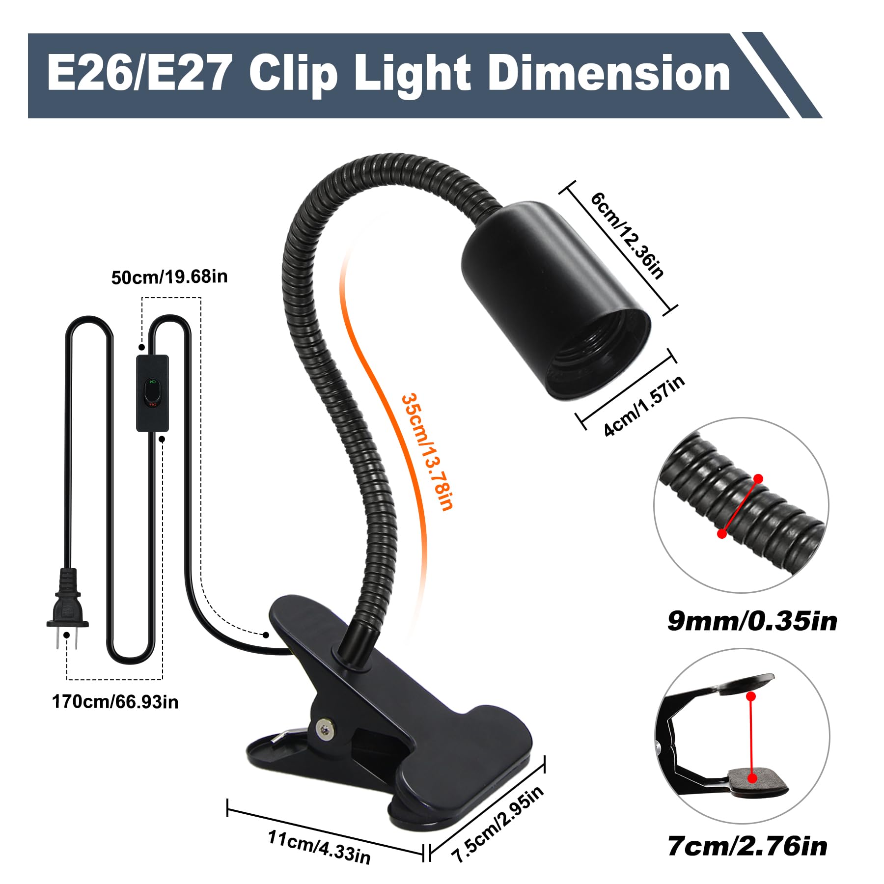 Clip On Bulb Holder,E26/E27 Clamp Light Socket,Clip Light With Plug And 7.2Ft Switch Cable,Flexible Desk Lamp With Metal Clip,9M