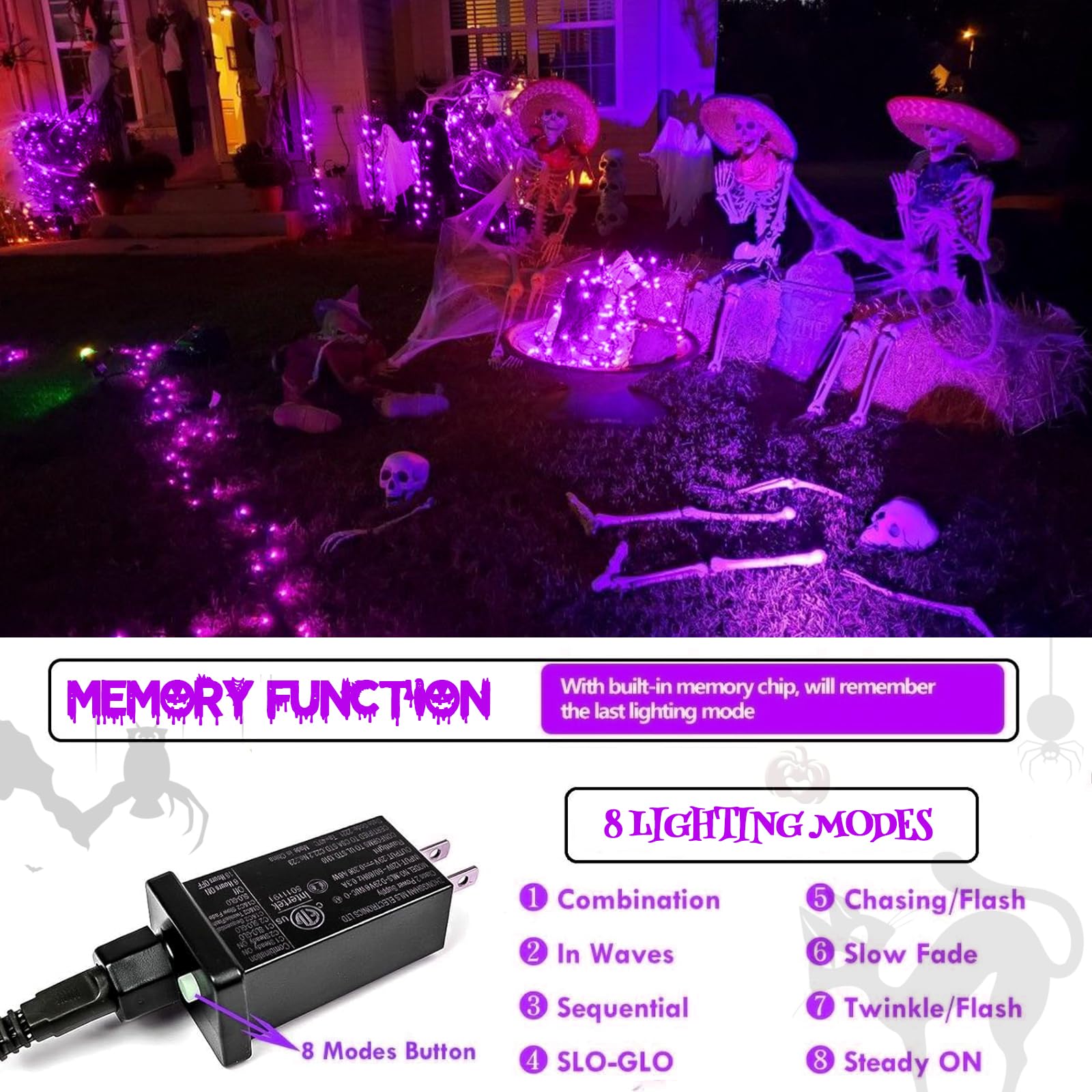 SANJICHA Purple LED Halloween String Lights, 66FT, 200 Lights, 8 Modes, Indoor/Outdoor Decorations